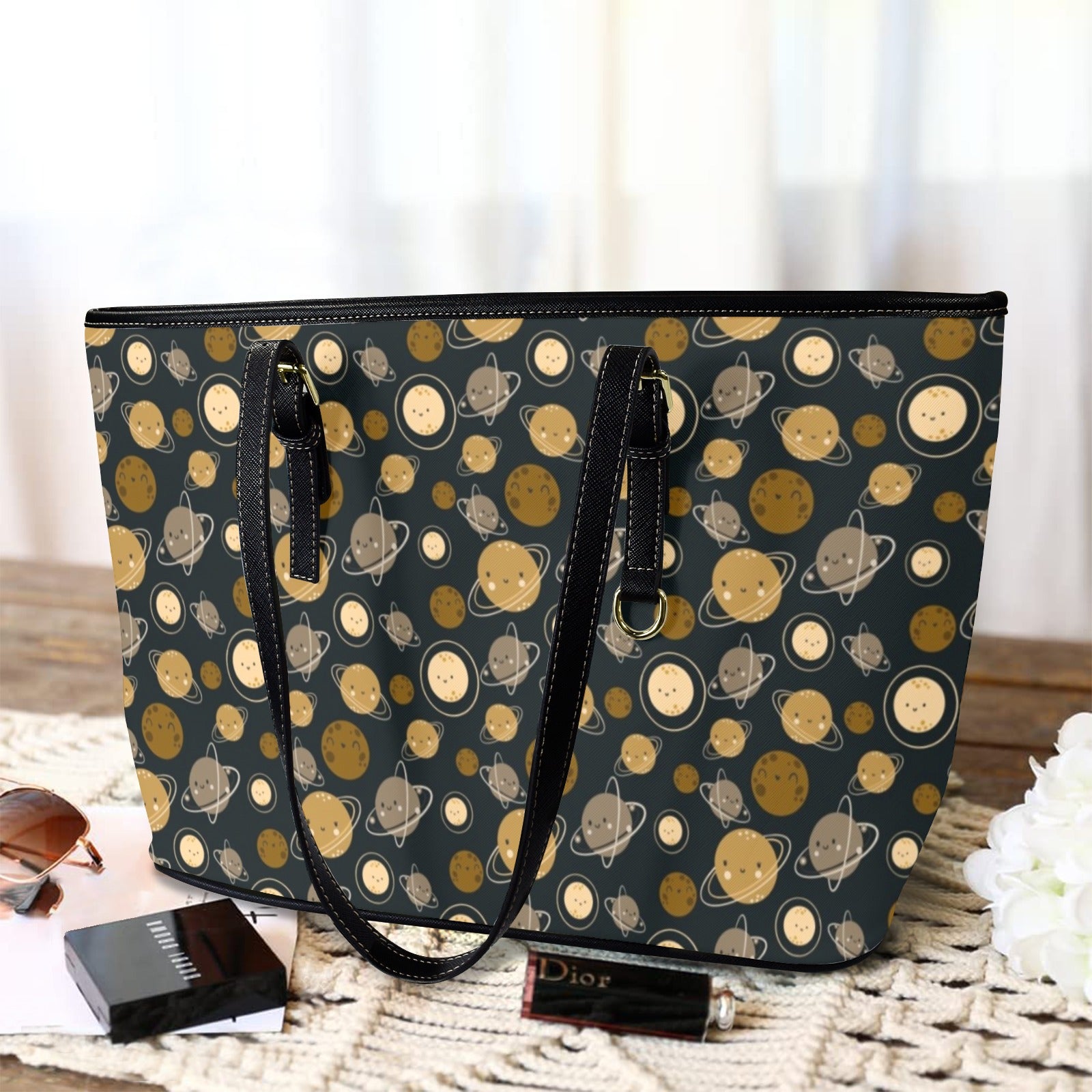 Planets PU Leather Tote Bag Large Leather Tote Bag-Large Printed Offshore Space