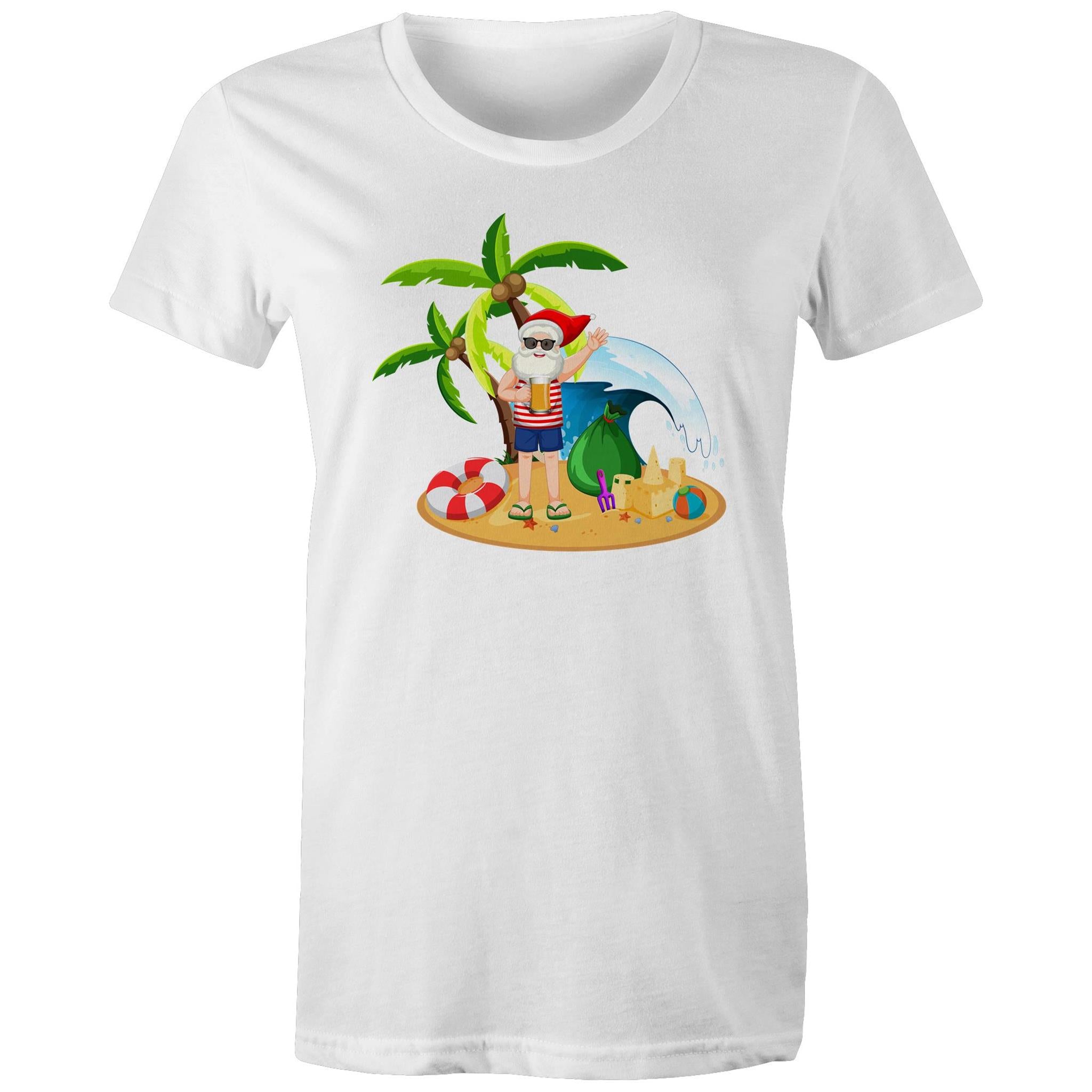 Summer Surf Santa - Womens T-shirt White Womens Christmas T-shirt Christmas Printed In Australia