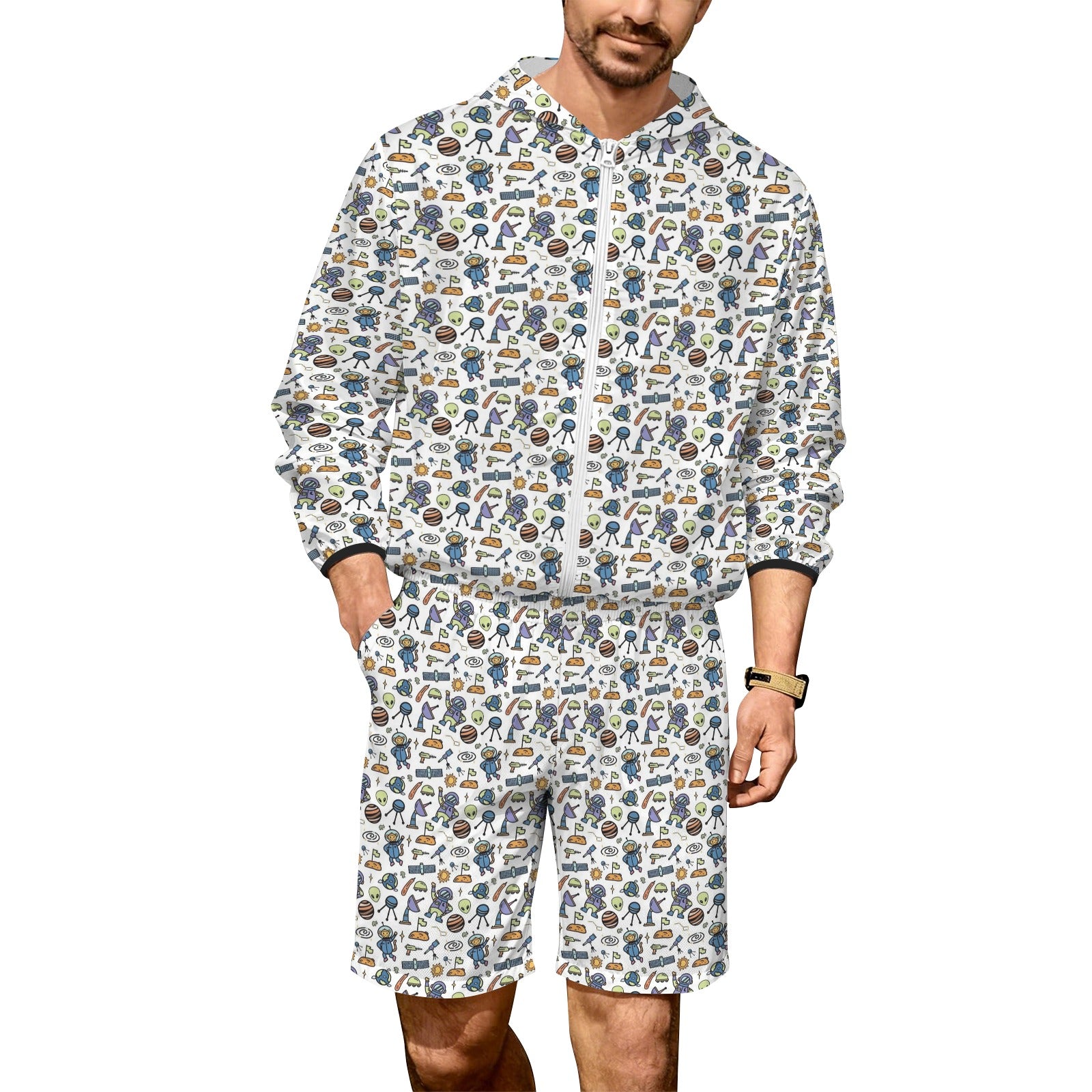All About Space Men's Lightweight Sun Hoodie & Shorts Set 4XL Men's Lightweight Sun Hoodie & Shorts Printed Offshore Space