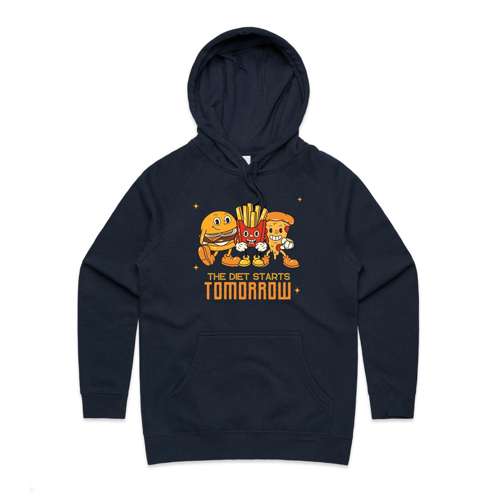 The Diet Starts Tomorrow, Hamburger, Fries, Pizza - Womens Hoodie Navy Womens Hoodie Food Printed In Australia