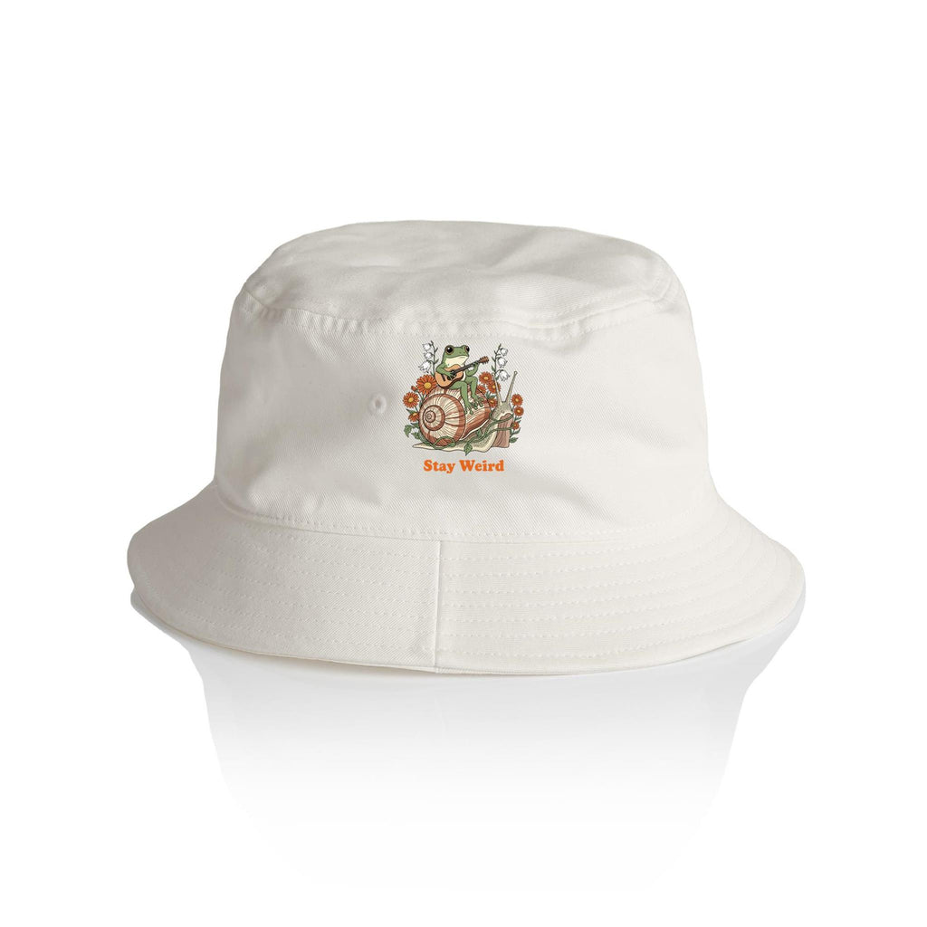 Stay Weird, Guitar Playing Frog On A Snail AS Colour Bucket Hat Ecru One Size As Colour Bucket Hat animal Music Printed In Australia