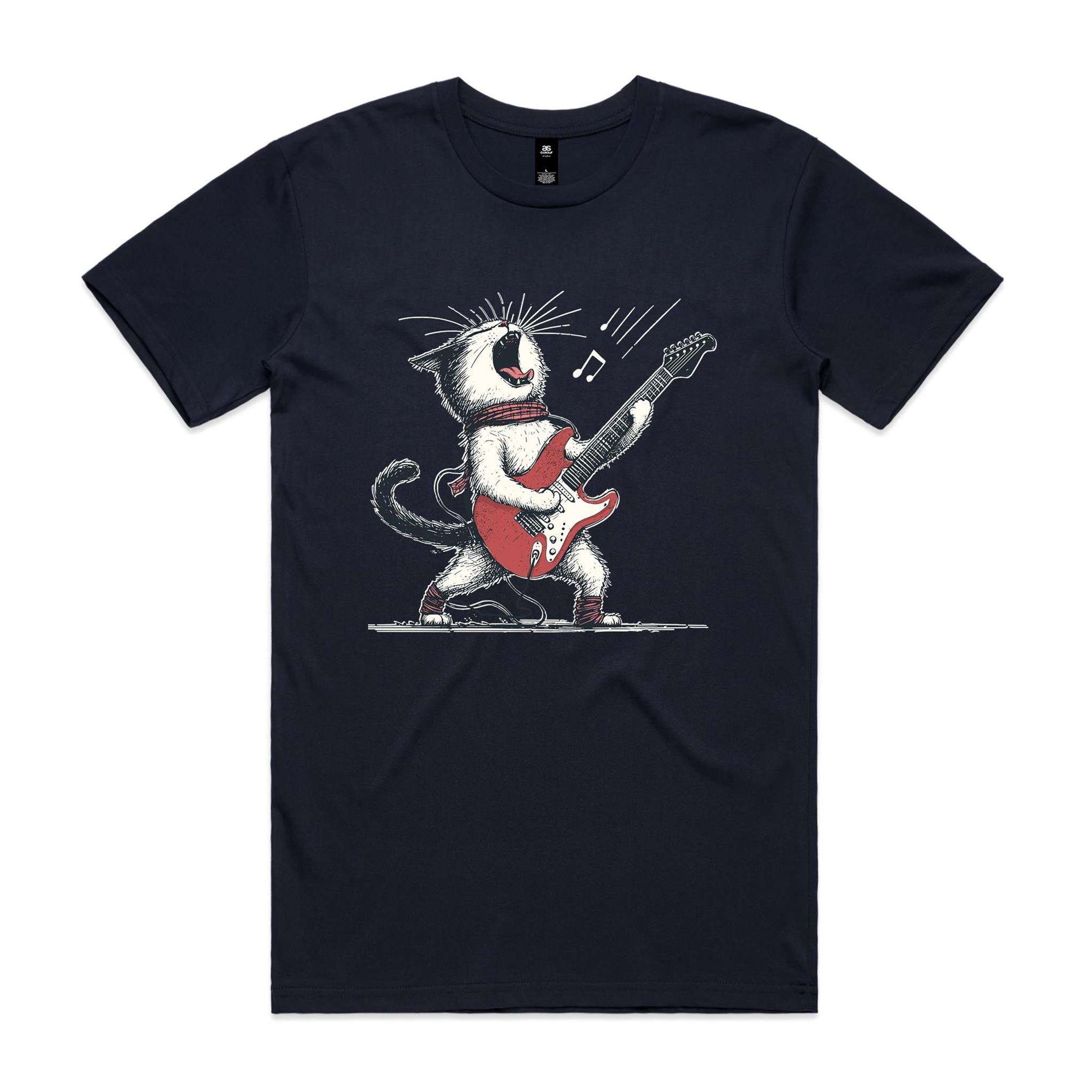 Cat Playing Guitar Men's AS Colour T-shirt Navy Mens T-shirt animal Music Printed In Australia