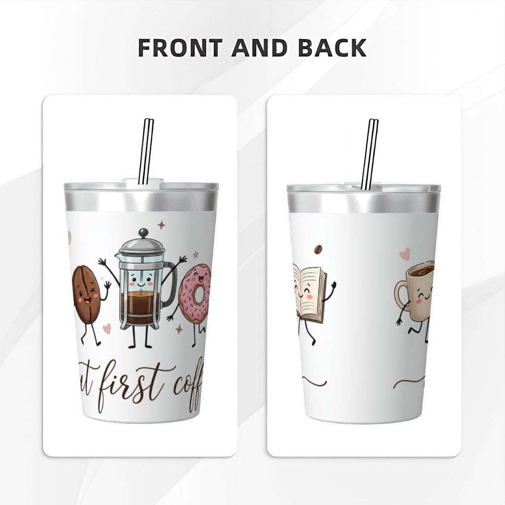 But First Coffee, Cute Characters Small Stainless Steel Travel Mug Cup 12oz/350ml