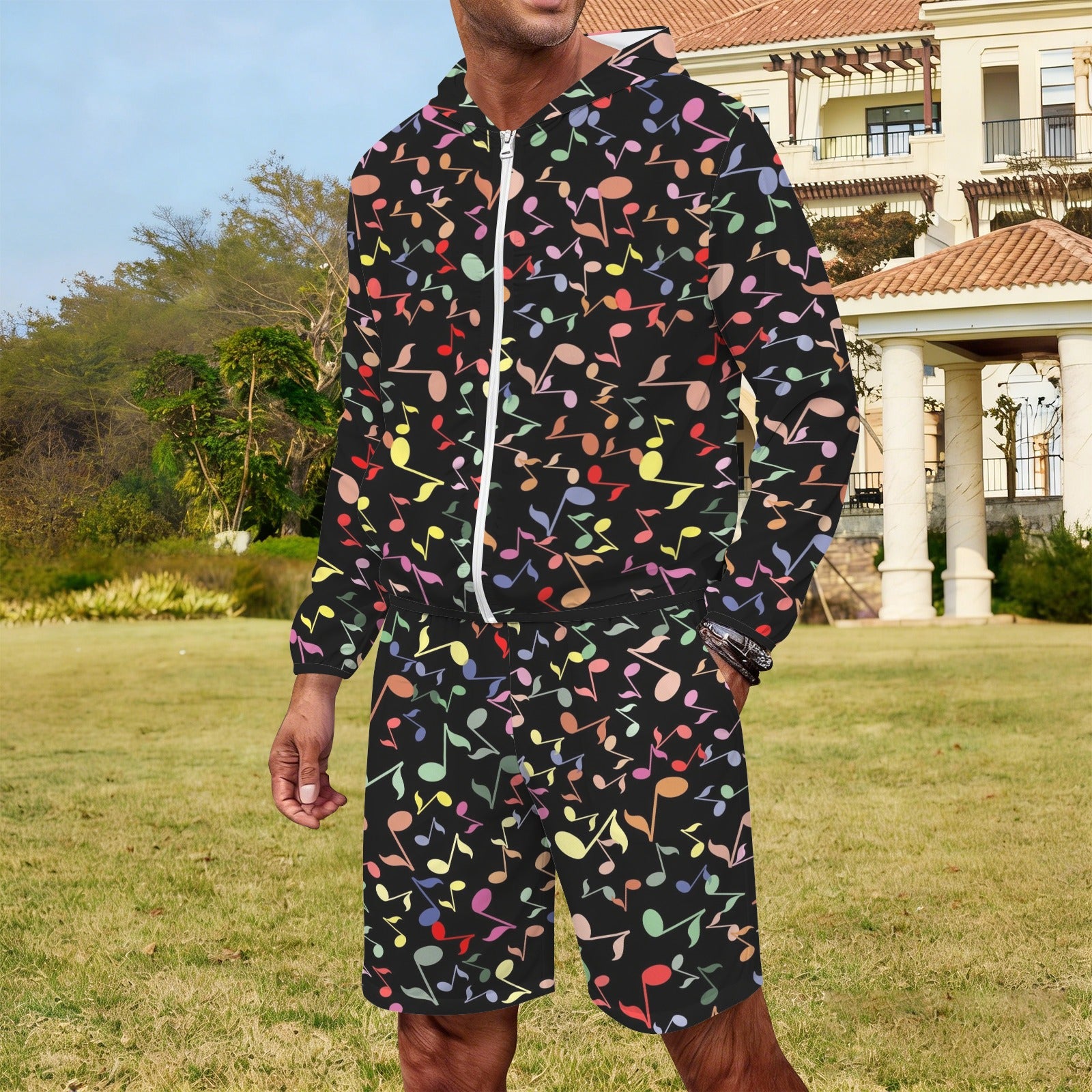 Quavers, Music Notes Men's Lightweight Sun Hoodie & Shorts Set Men's Lightweight Sun Hoodie & Shorts Music Printed Offshore