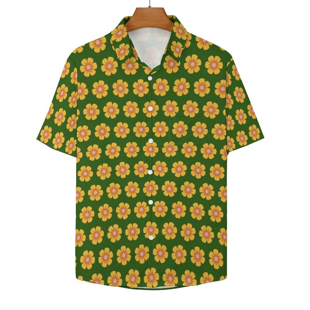 Yellow Flowers On Green Women's Short-Sleeve Button Up Shirt