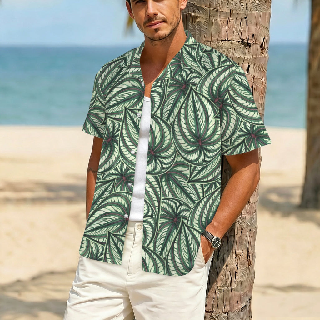 Stripy Leaves Men's Crinkle Hawaiian Shirt