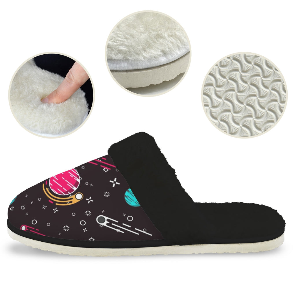 Planet Orbit Men's Fur Trim Thick-Sole Indoor Slippers Men's Fur Trimmed Slippers Printed Offshore Space