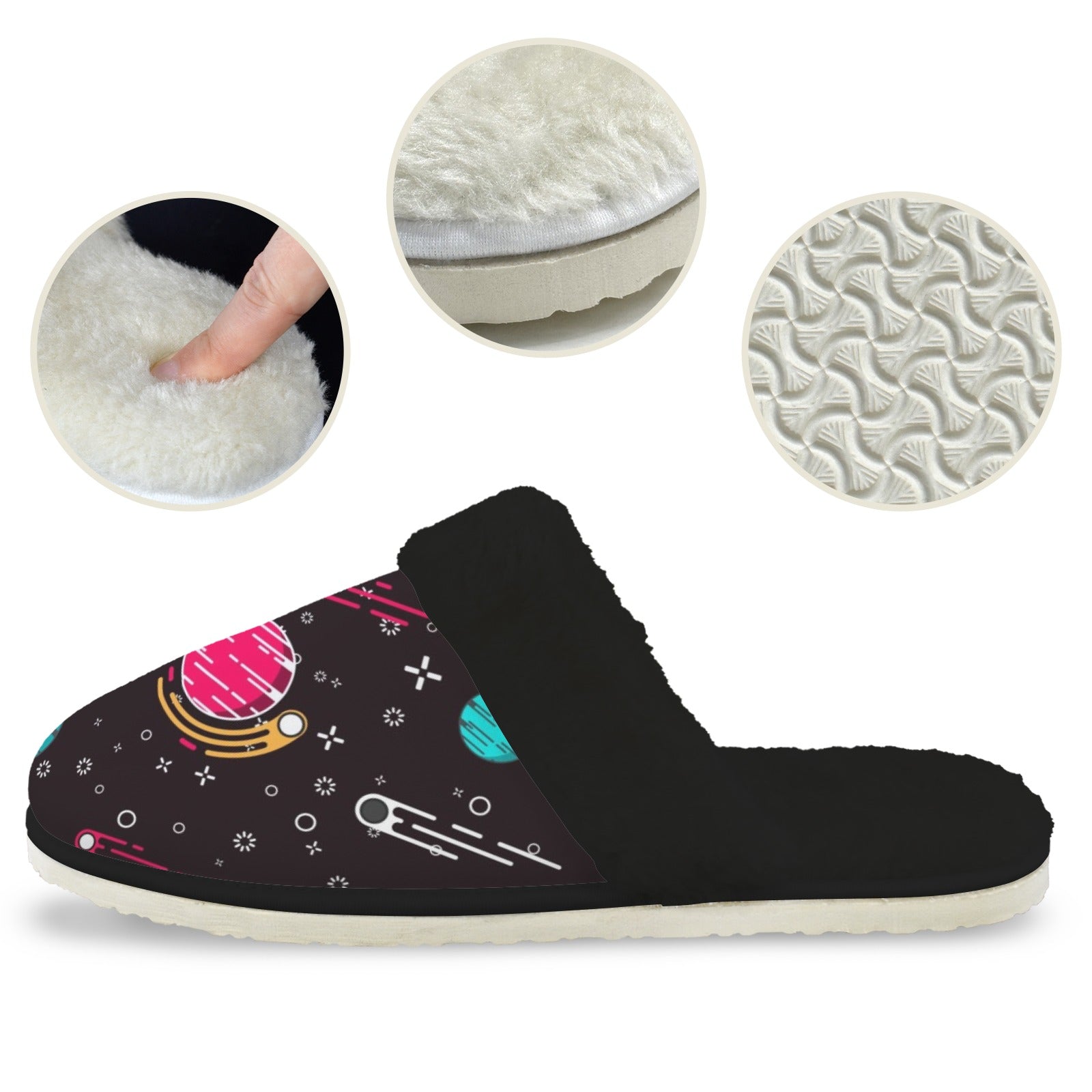 Planet Orbit Men's Fur Trim Thick-Sole Indoor Slippers Men's Fur Trimmed Slippers Printed Offshore Space