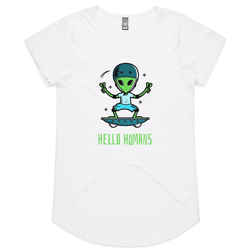 Hello Humans, Alien - Womens Scoop Neck T-Shirt White Womens Scoop Neck T-shirt Printed In Australia Sci Fi
