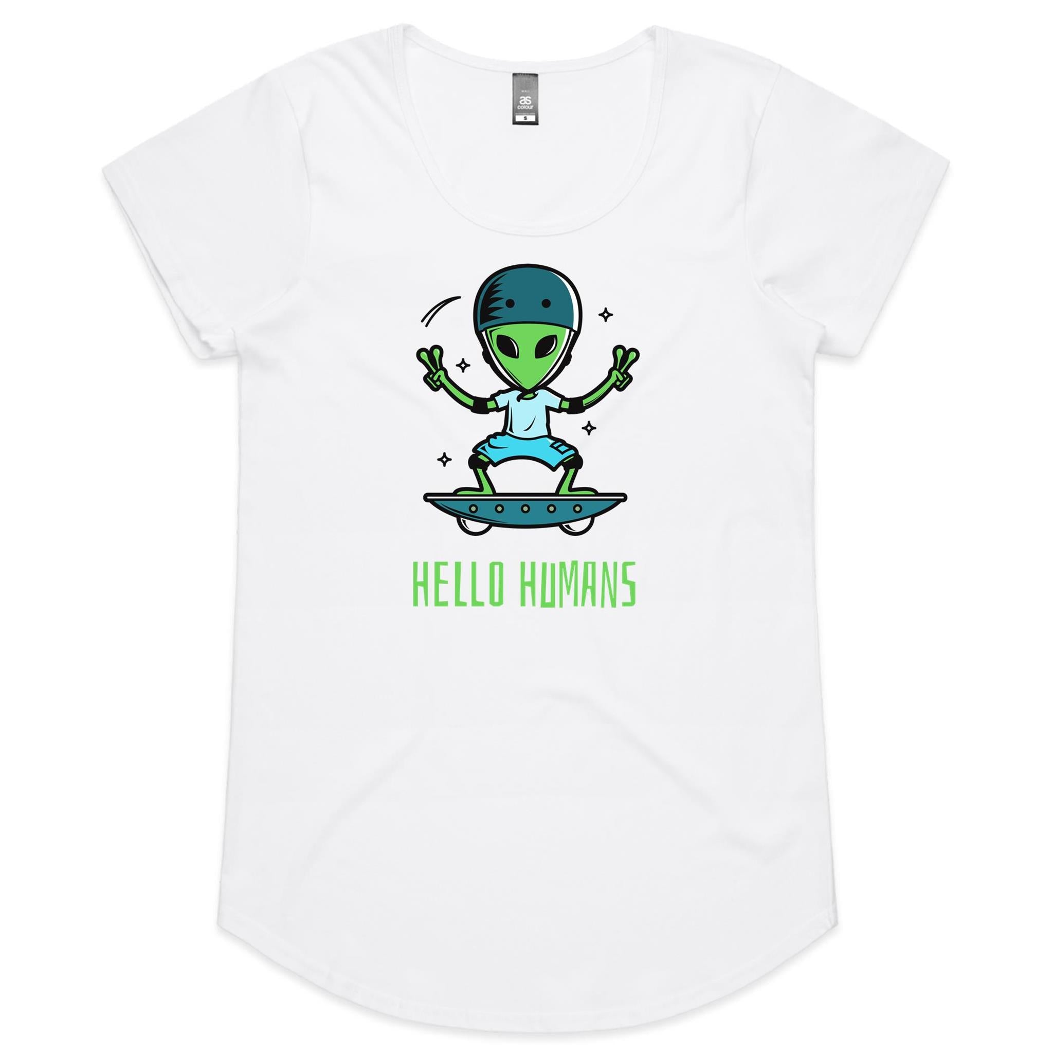 Hello Humans, Alien - Womens Scoop Neck T-Shirt White Womens Scoop Neck T-shirt Printed In Australia Sci Fi