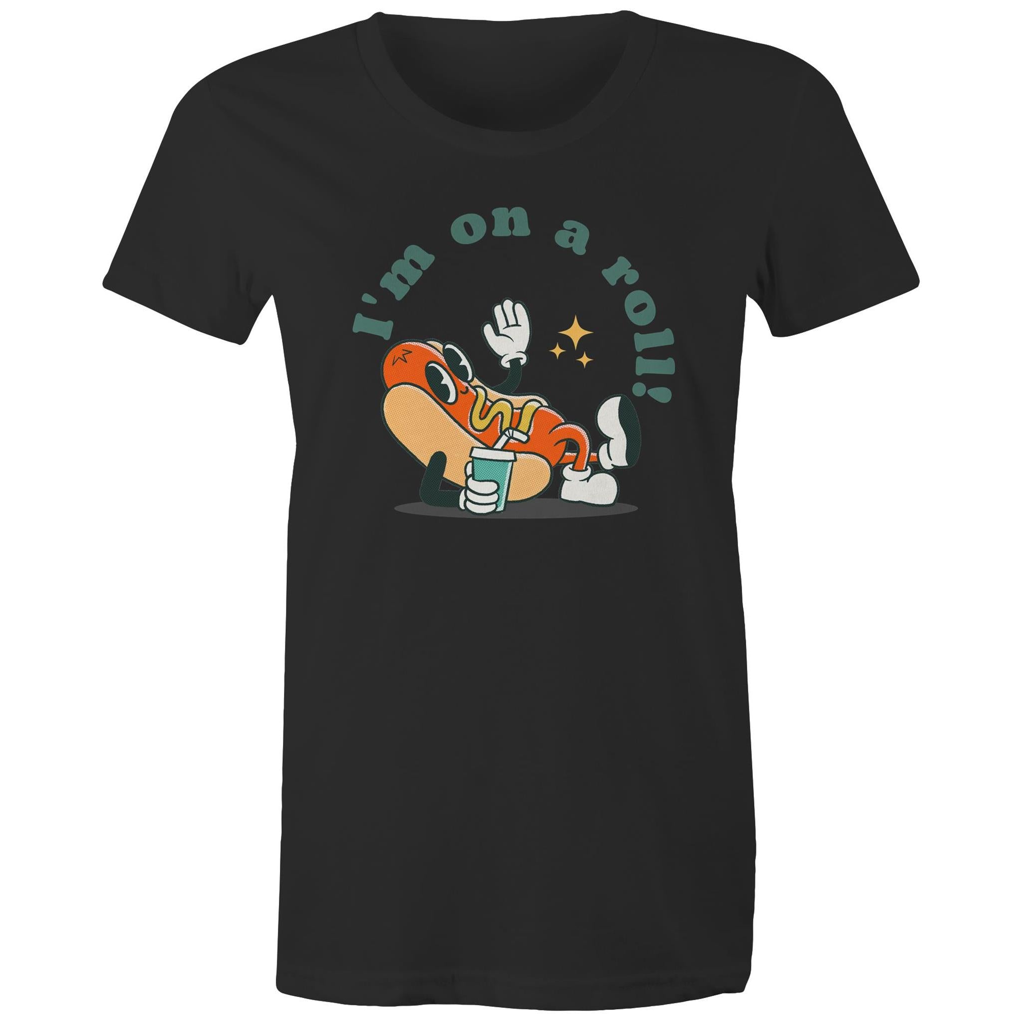 Hotdog, I'm On A Roll - Womens T-shirt Black Womens T-shirt Food Printed In Australia