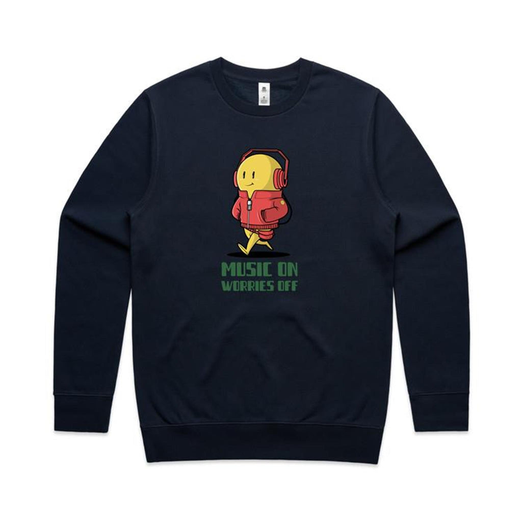Music On, Worries Off - AS Colour Stencil Crew Navy Sweatshirt Music Printed In Australia