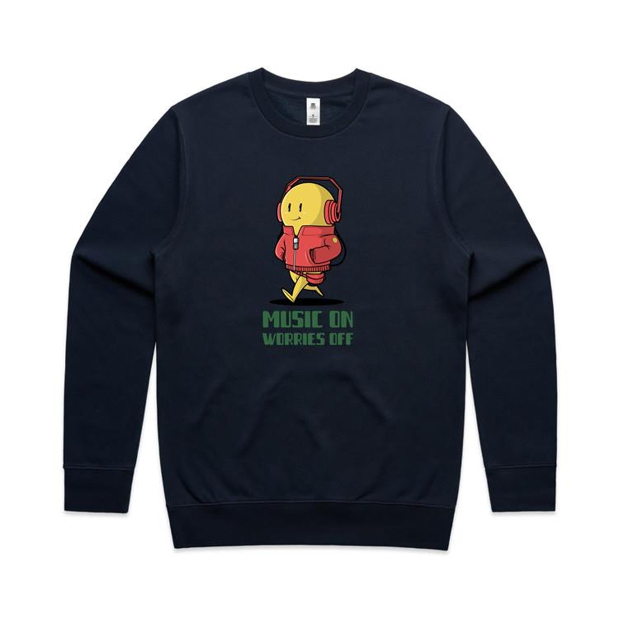 Music On, Worries Off - AS Colour Stencil Crew Navy Sweatshirt Music Printed In Australia