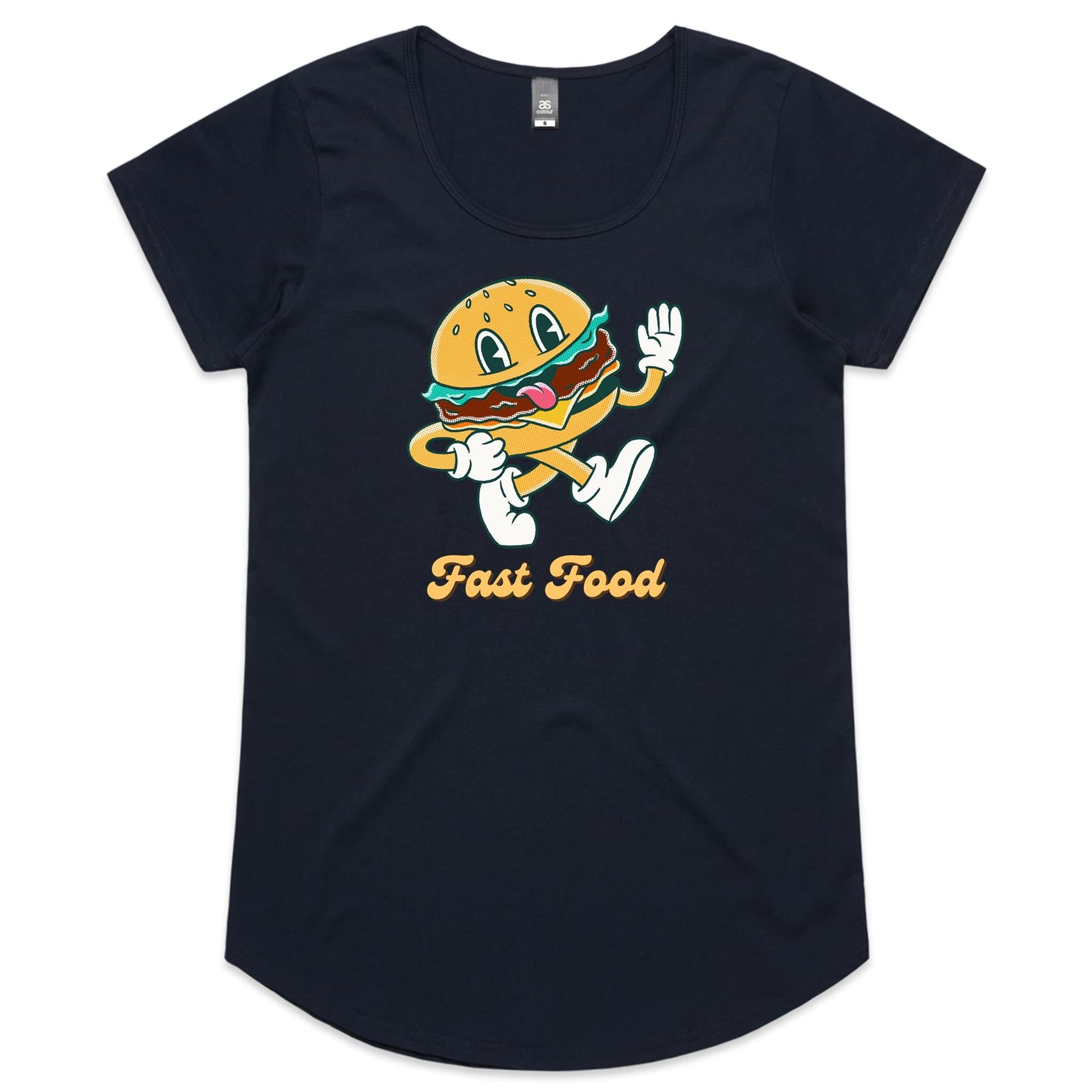 Fast Food, Hamburger - Womens Scoop Neck T-Shirt Navy Womens Scoop Neck T-shirt Food Printed In Australia