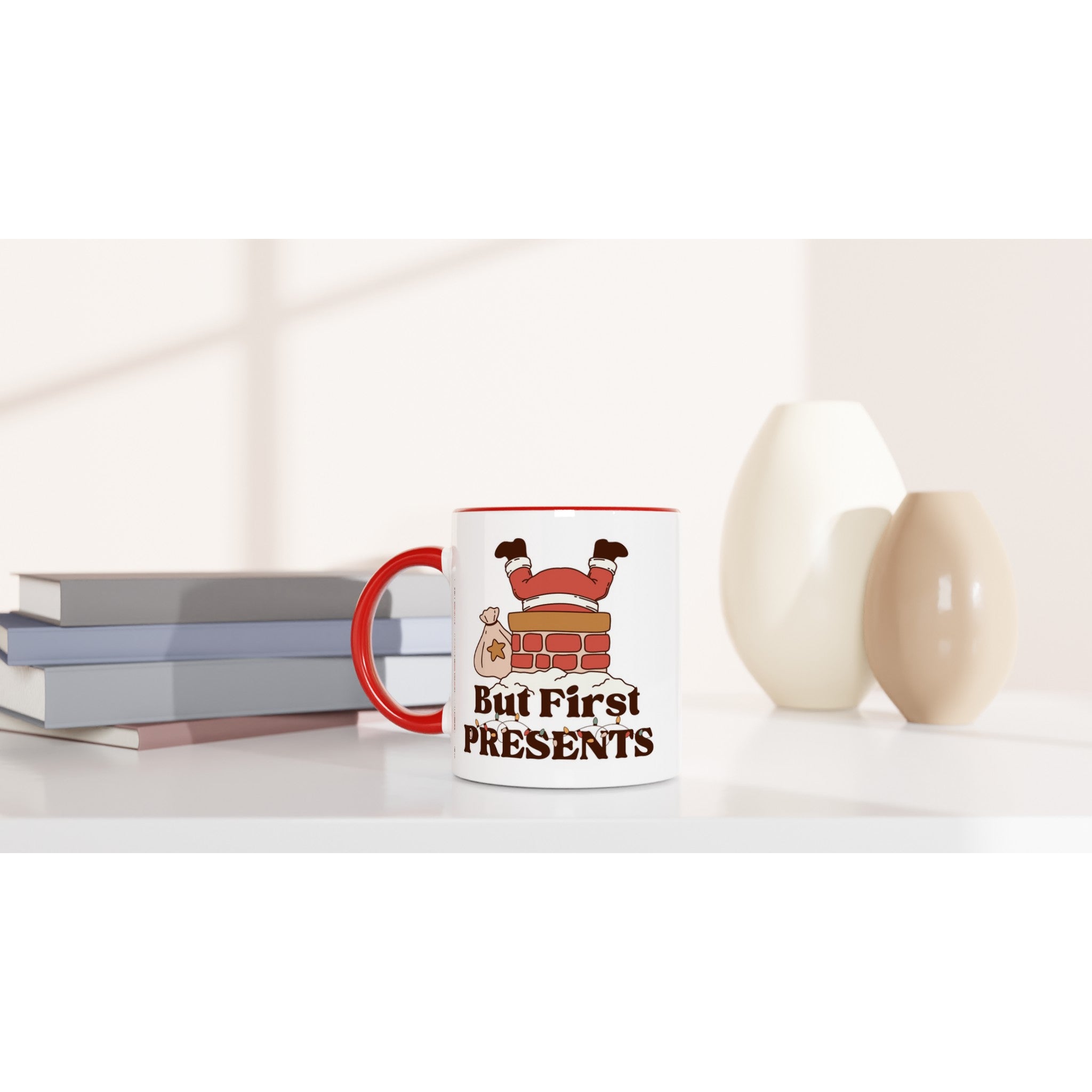 But First Presents, Santa In Chimney - 11oz Ceramic Mug Christmas Colour Mug Christmas Globally Fulfilled