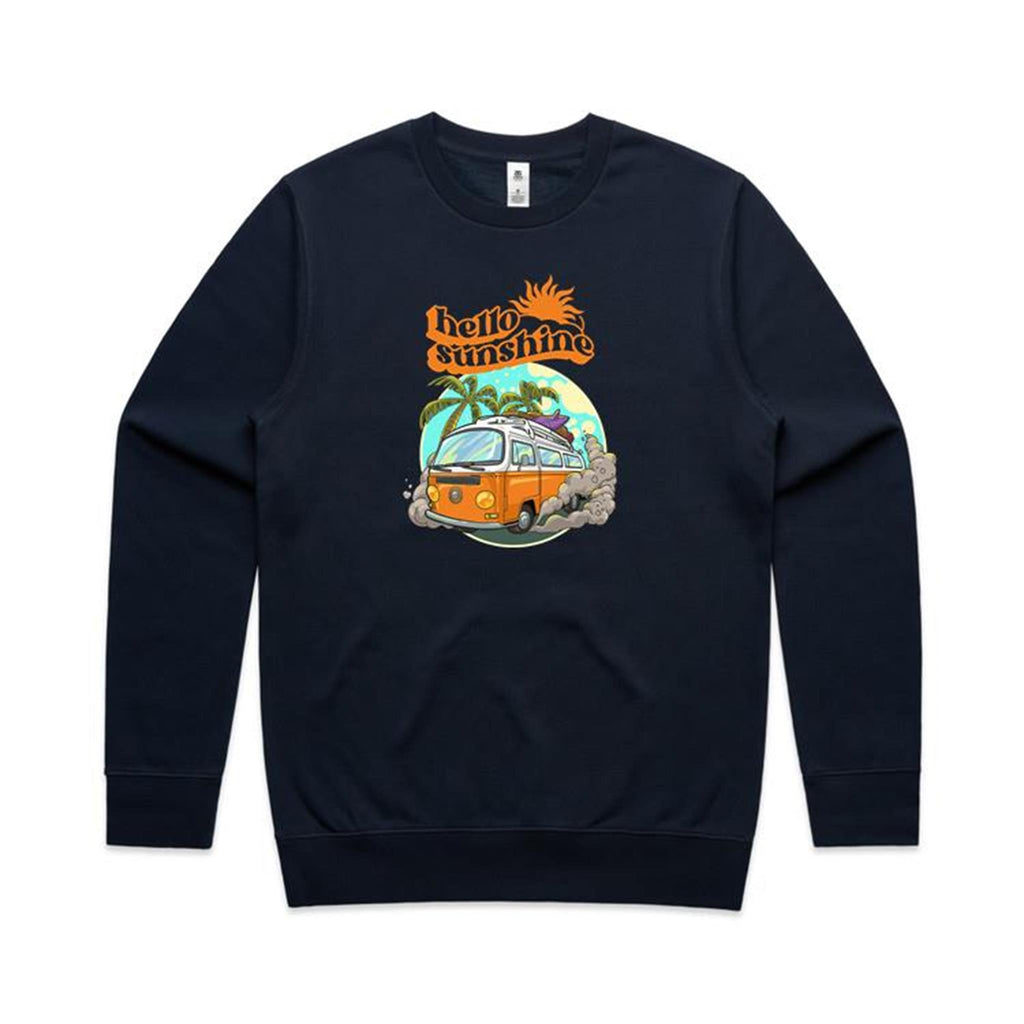 Hello Sunshine, Beach Van - AS Colour Stencil Crew Sweatshirt Navy Sweatshirt Printed In Australia Summer