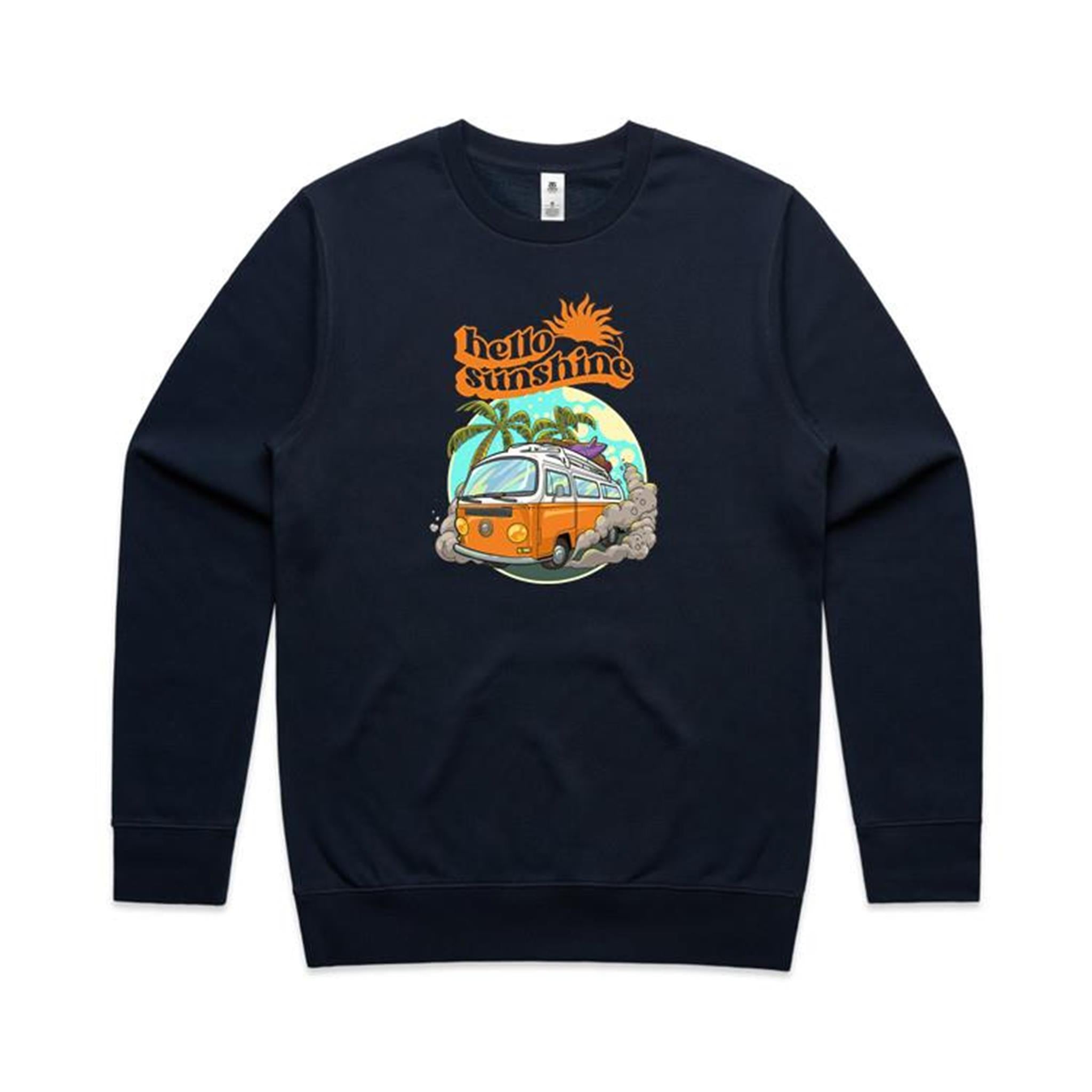 Hello Sunshine, Beach Van - AS Colour Stencil Crew Sweatshirt Navy Sweatshirt Printed In Australia Summer