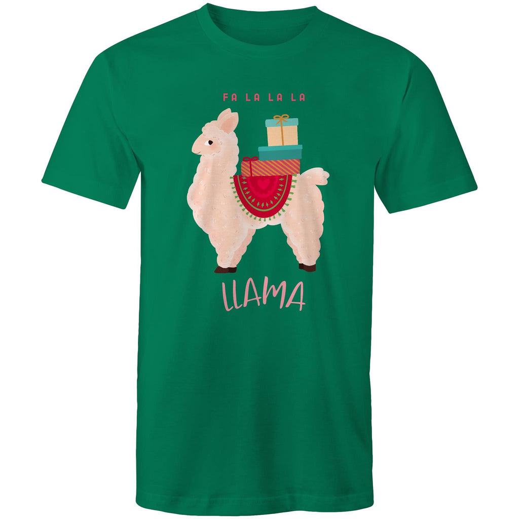 Fa La La La Llama, Christmas - Mens T-Shirt Kelly Green Mens Christmas T-shirt Christmas Printed In Australia