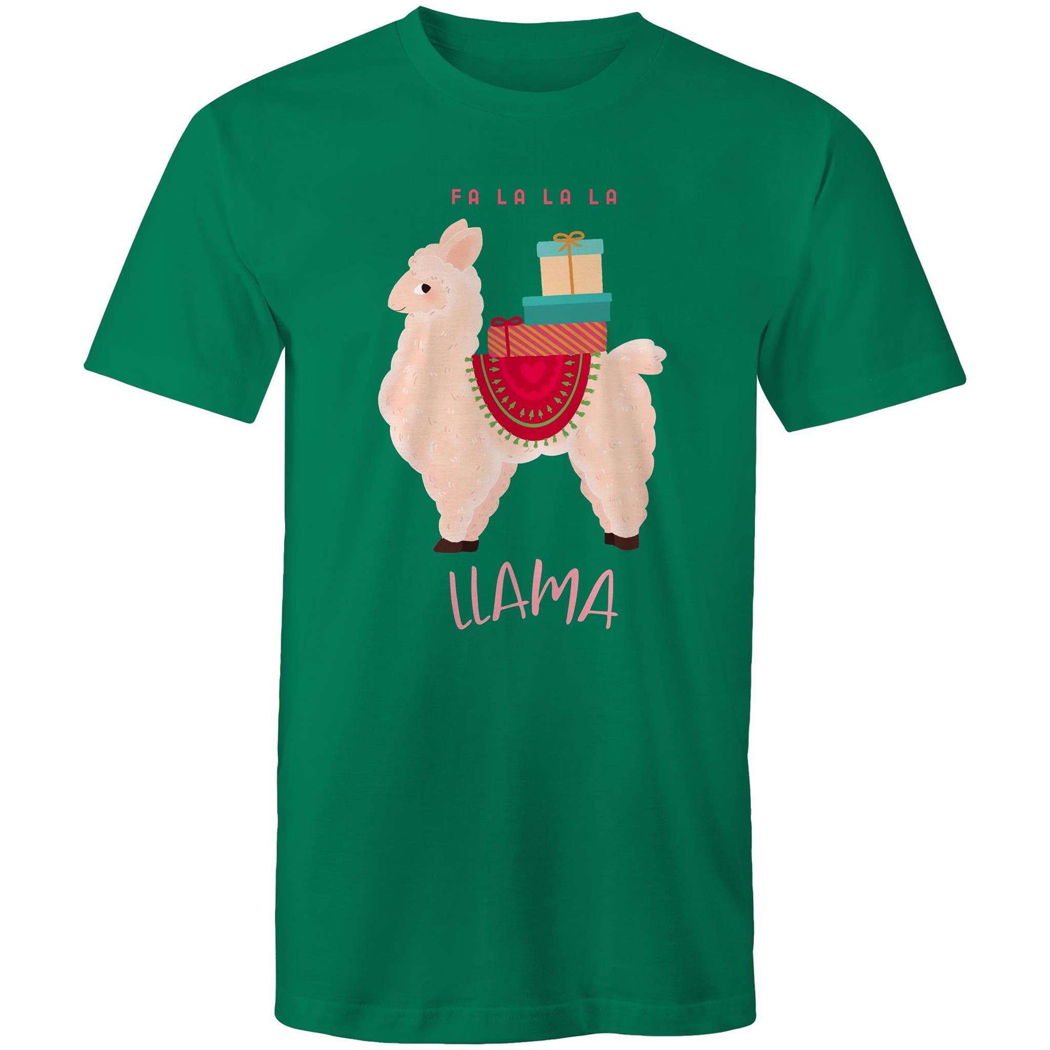 Fa La La La Llama, Christmas - Mens T-Shirt Kelly Green Mens Christmas T-shirt Christmas Printed In Australia