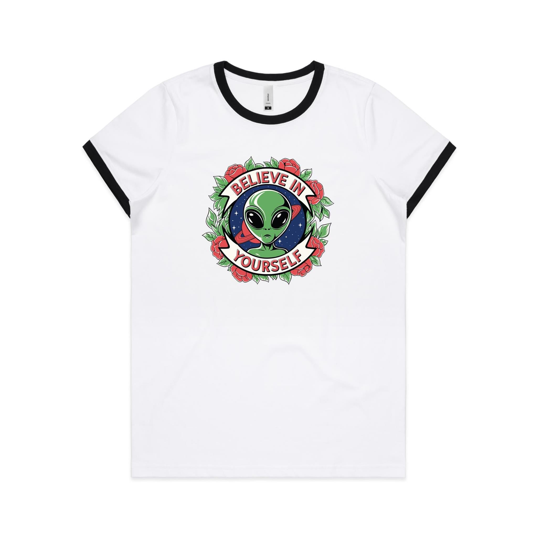 Believe In Yourself, Alien - Women's Ringer Tee White Black Womens Ringer T-shirt Motivation Positivity Printed In Australia Sci Fi