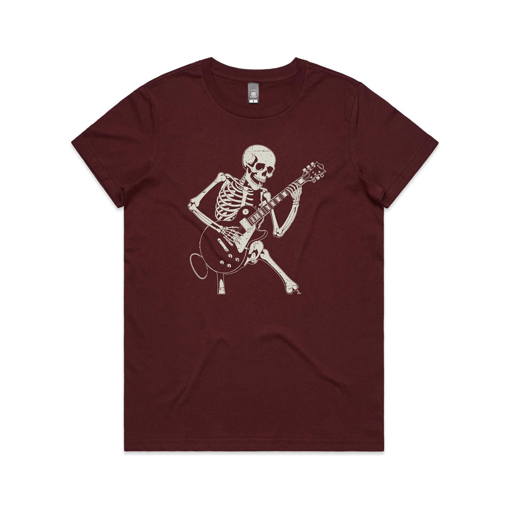 Skeleton Playing Guitar Women's AS Colour T-shirt Burgundy Womens T-shirt Music Printed In Australia