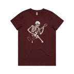 Skeleton Playing Guitar Women's AS Colour T-shirt Burgundy Womens T-shirt Music Printed In Australia