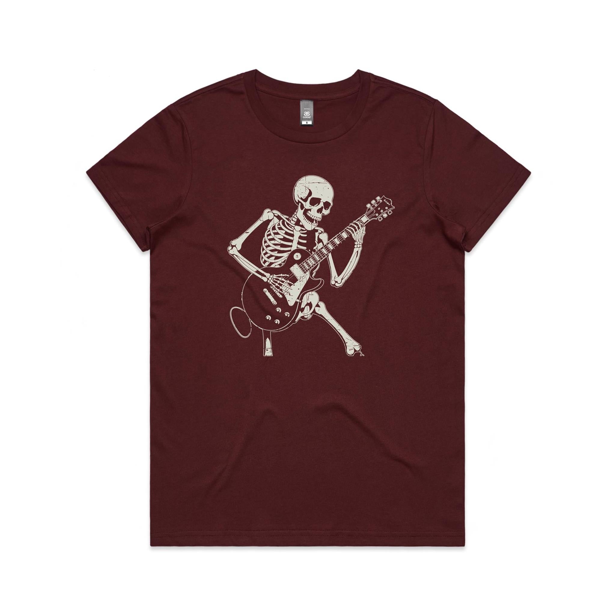 Skeleton Playing Guitar Women's AS Colour T-shirt Burgundy Womens T-shirt Music Printed In Australia