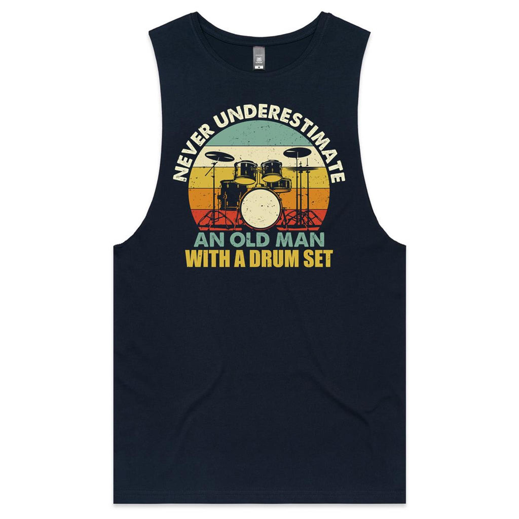 Never Underestimate An Old Man With A Drum Set Mens Men's AS Colour Drop Arm Tank Top Navy Drop Arm Tank Top Music Printed In Australia