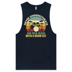 Never Underestimate An Old Man With A Drum Set Mens Men's AS Colour Drop Arm Tank Top Navy Drop Arm Tank Top Music Printed In Australia