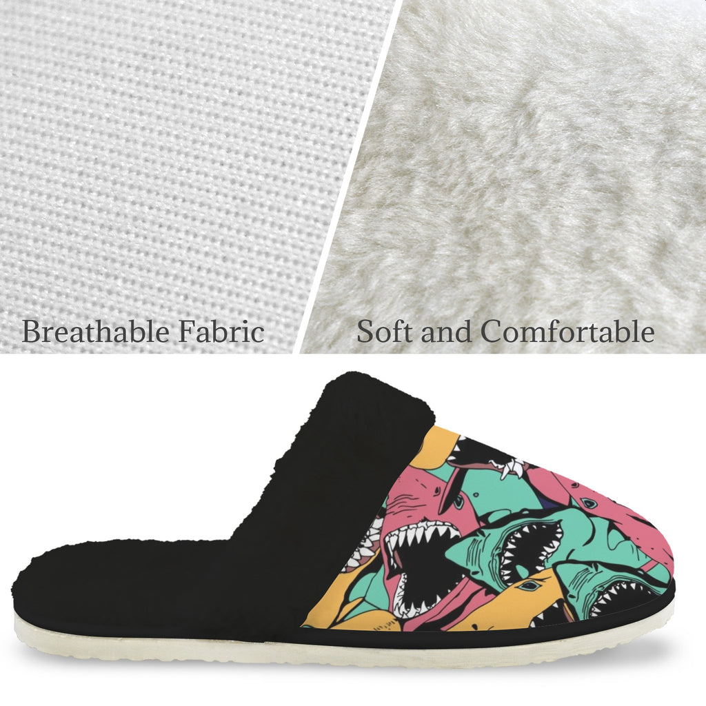 Scary Sharks Men's Fur Trim Thick-Sole Indoor Slippers Men's Fur Trimmed Slippers animal Ocean Printed Offshore