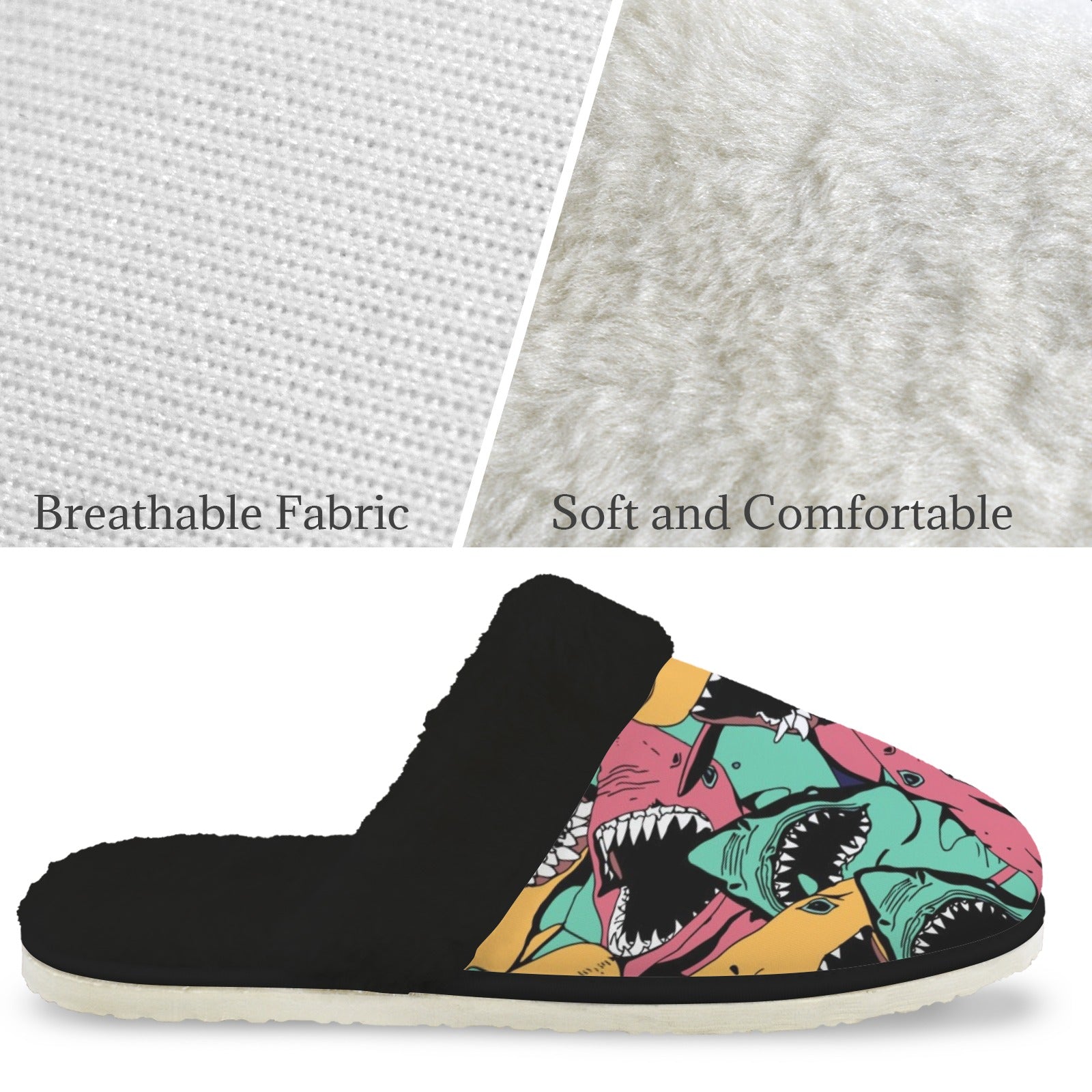 Scary Sharks Men's Fur Trim Thick-Sole Indoor Slippers Men's Fur Trimmed Slippers animal Ocean Printed Offshore