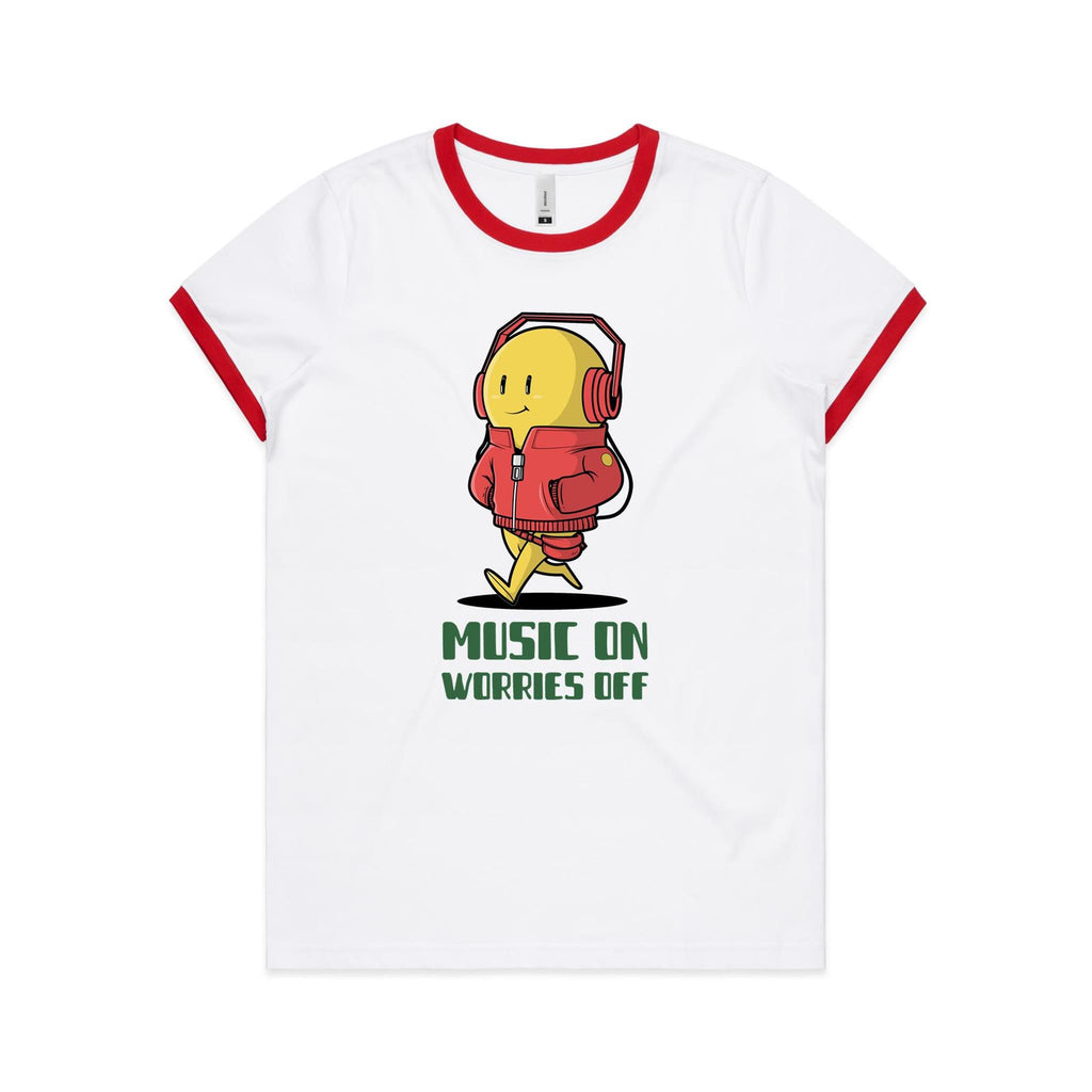 Music On, Worries Off - Women's Ringer Tee White Red Womens Ringer T-shirt Music Printed In Australia