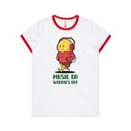 Music On, Worries Off - Women's Ringer Tee White Red Womens Ringer T-shirt Music Printed In Australia