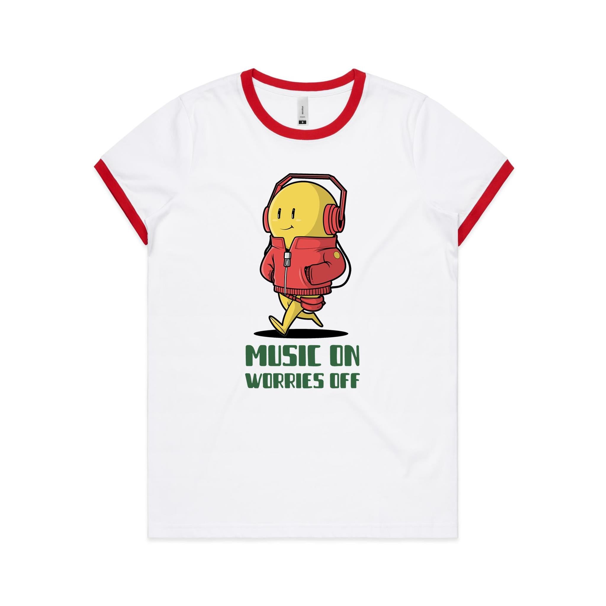 Music On, Worries Off - Women's Ringer Tee White Red Womens Ringer T-shirt Music Printed In Australia