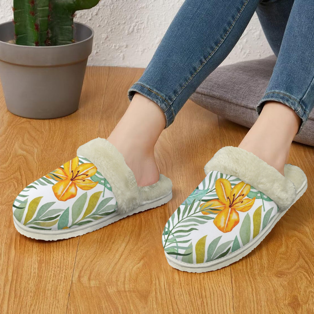 Tropical Flowers And Leaves Women's Fur Trim Thick-Sole Indoor Slippers Women's Fur Trimmed Slippers Plants Printed Offshore