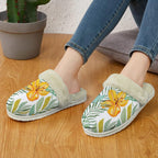 Tropical Flowers And Leaves Women's Fur Trim Thick-Sole Indoor Slippers Women's Fur Trimmed Slippers Plants Printed Offshore