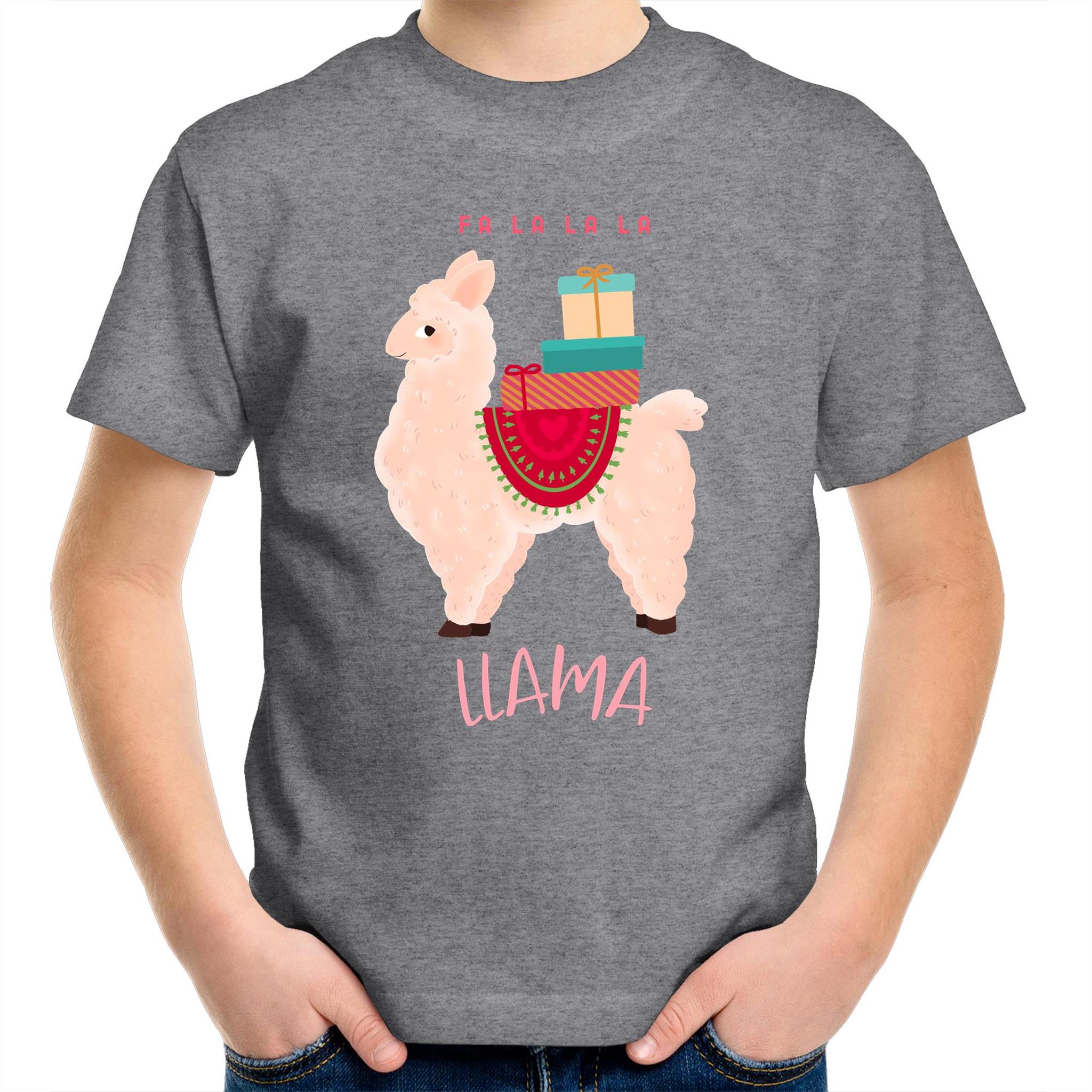 Fa La La La Llama, Christmas - Kids Youth T-Shirt Grey Marle Kids Christmas T-shirt Christmas Printed In Australia