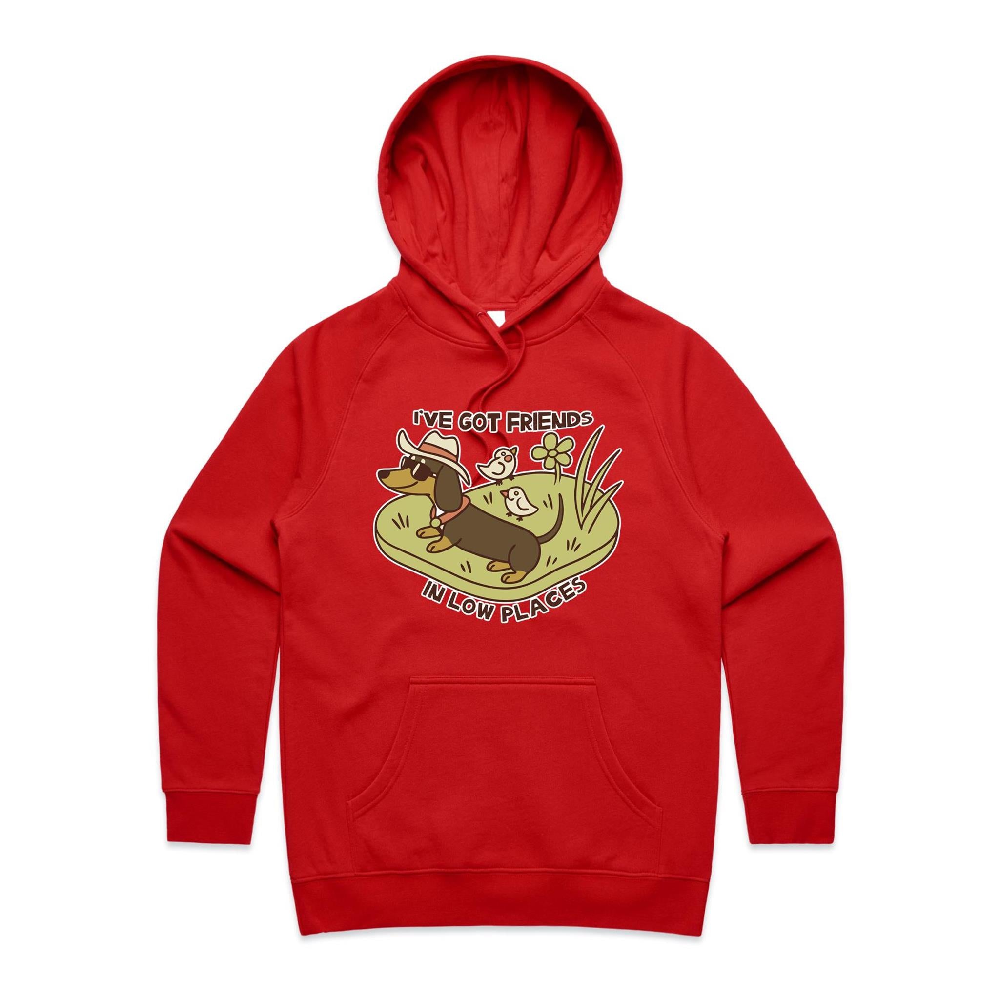 Dachshund, I've Got Friends In Low Places Women's AS Colour Hoodie Red Womens Hoodie animal Printed In Australia