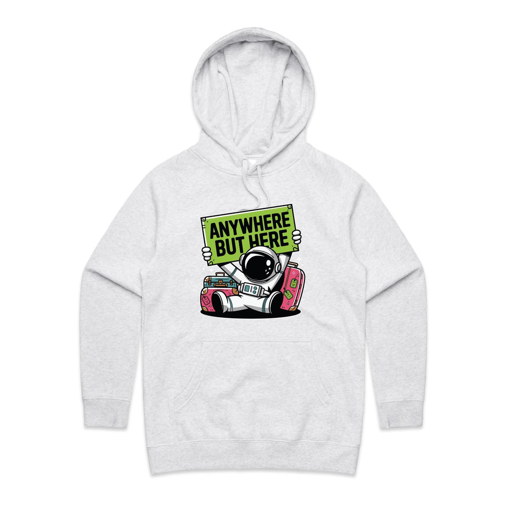 Astronaut, Anywhere But Here - Womens Hoodie White Marle Womens Hoodie Printed In Australia Space