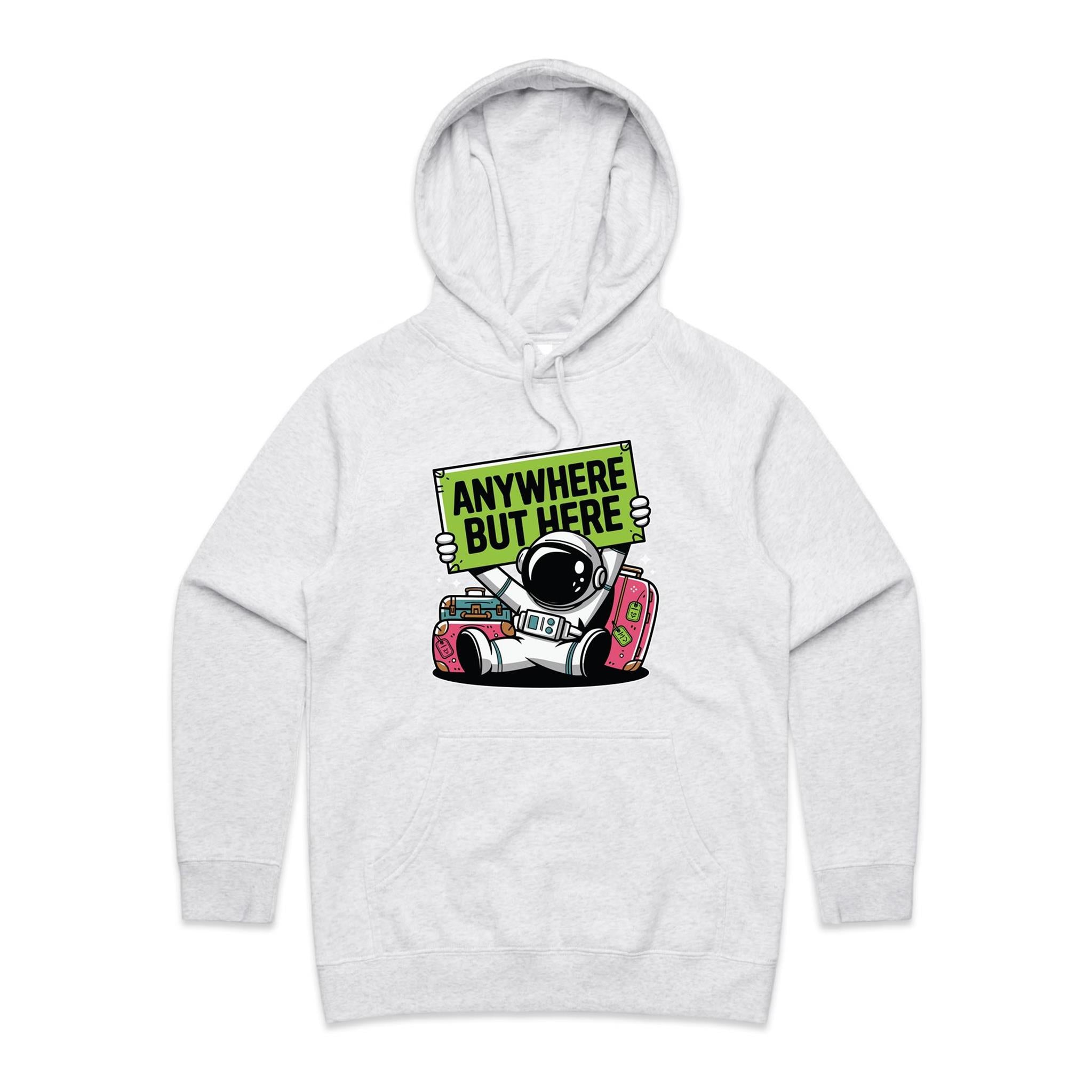 Astronaut, Anywhere But Here - Womens Hoodie White Marle Womens Hoodie Printed In Australia Space