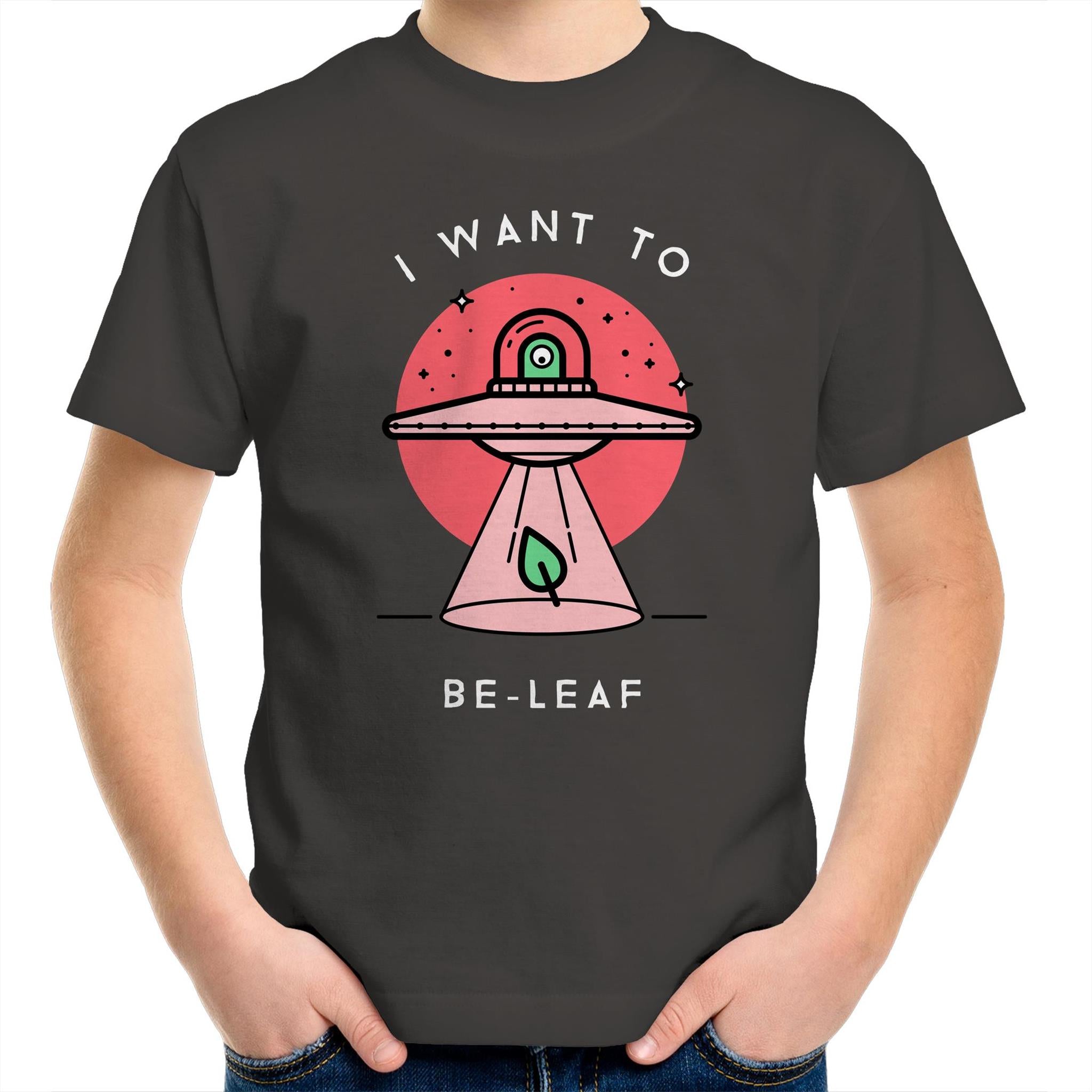 I Want To Be-Leaf, Alien, UFO - Kids Youth T-Shirt Charcoal Kids Youth T-shirt Printed In Australia Sci Fi