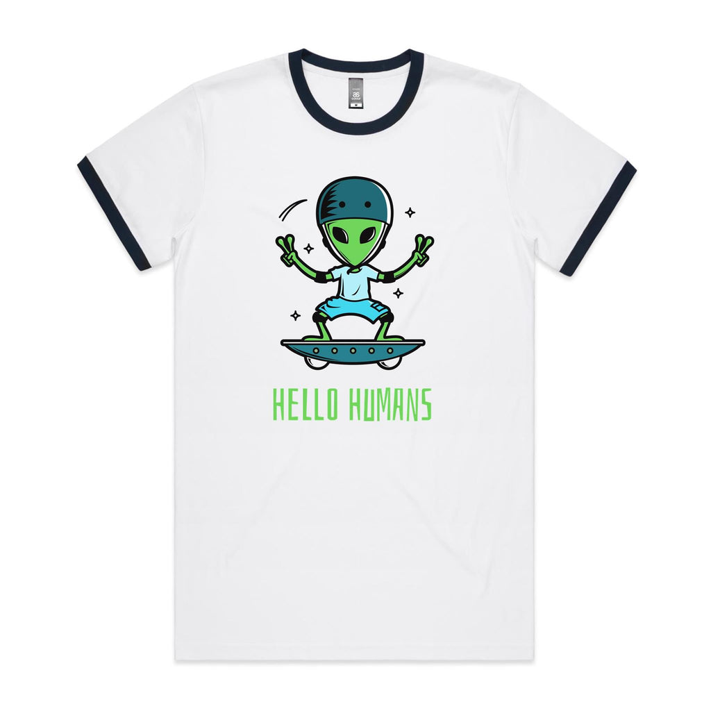 Alien, Hello Humans - Staple Ringer Tee White Navy Ringer T-Shirt Printed In Australia Sci Fi