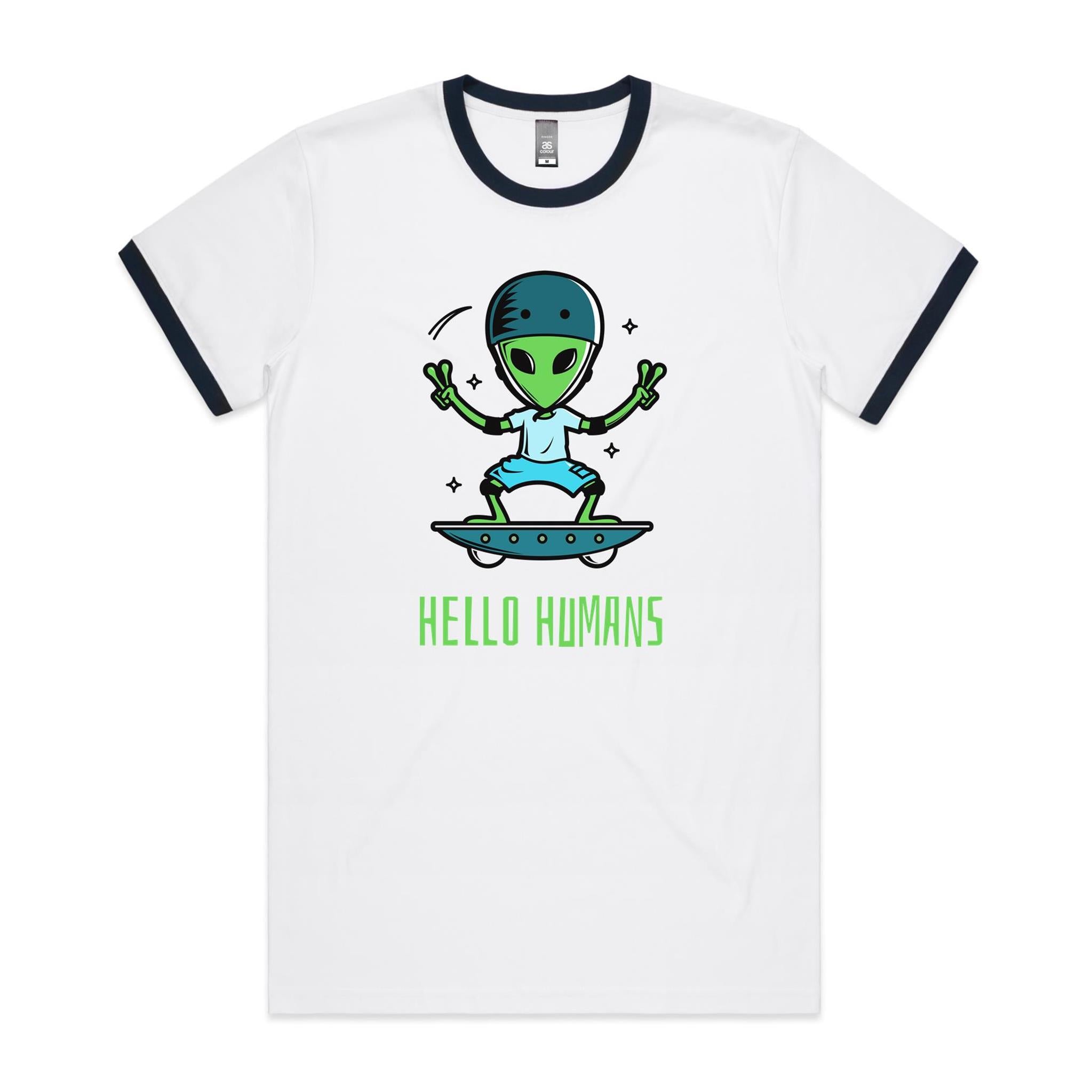 Alien, Hello Humans - Staple Ringer Tee White Navy Ringer T-Shirt Printed In Australia Sci Fi