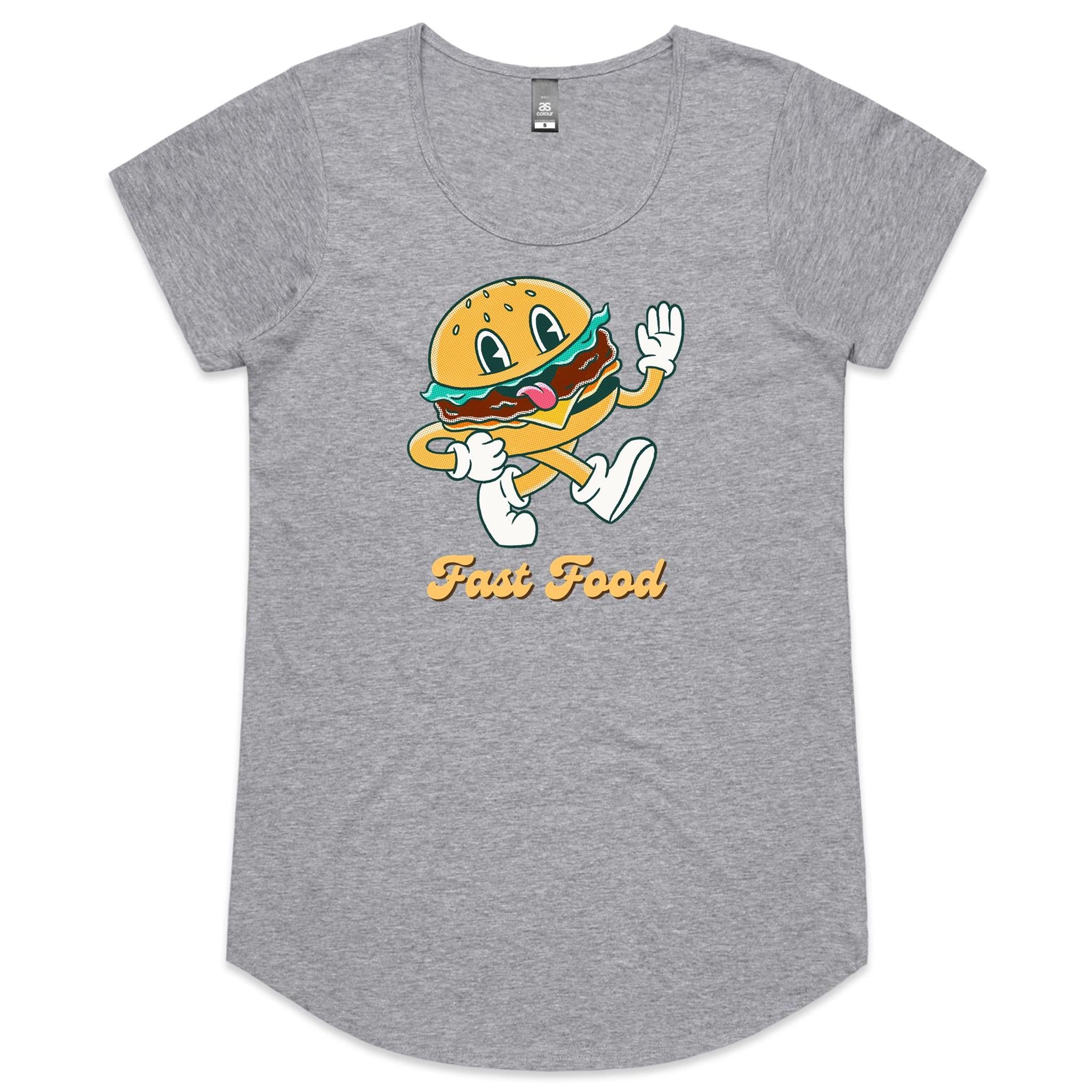 Fast Food, Hamburger - Womens Scoop Neck T-Shirt Grey Marle Womens Scoop Neck T-shirt Food Printed In Australia