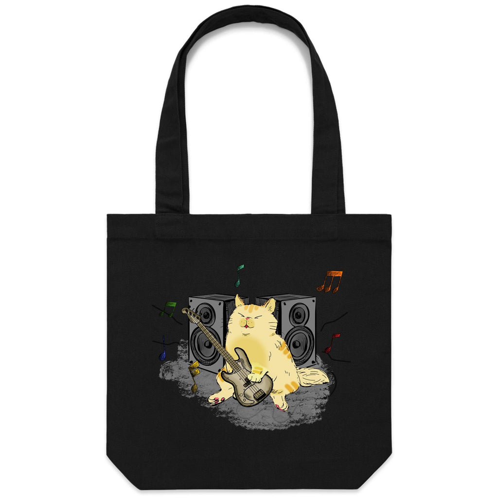 Cat Bass Player - Canvas Tote Bag Black One Size Tote Bag Printed In Australia