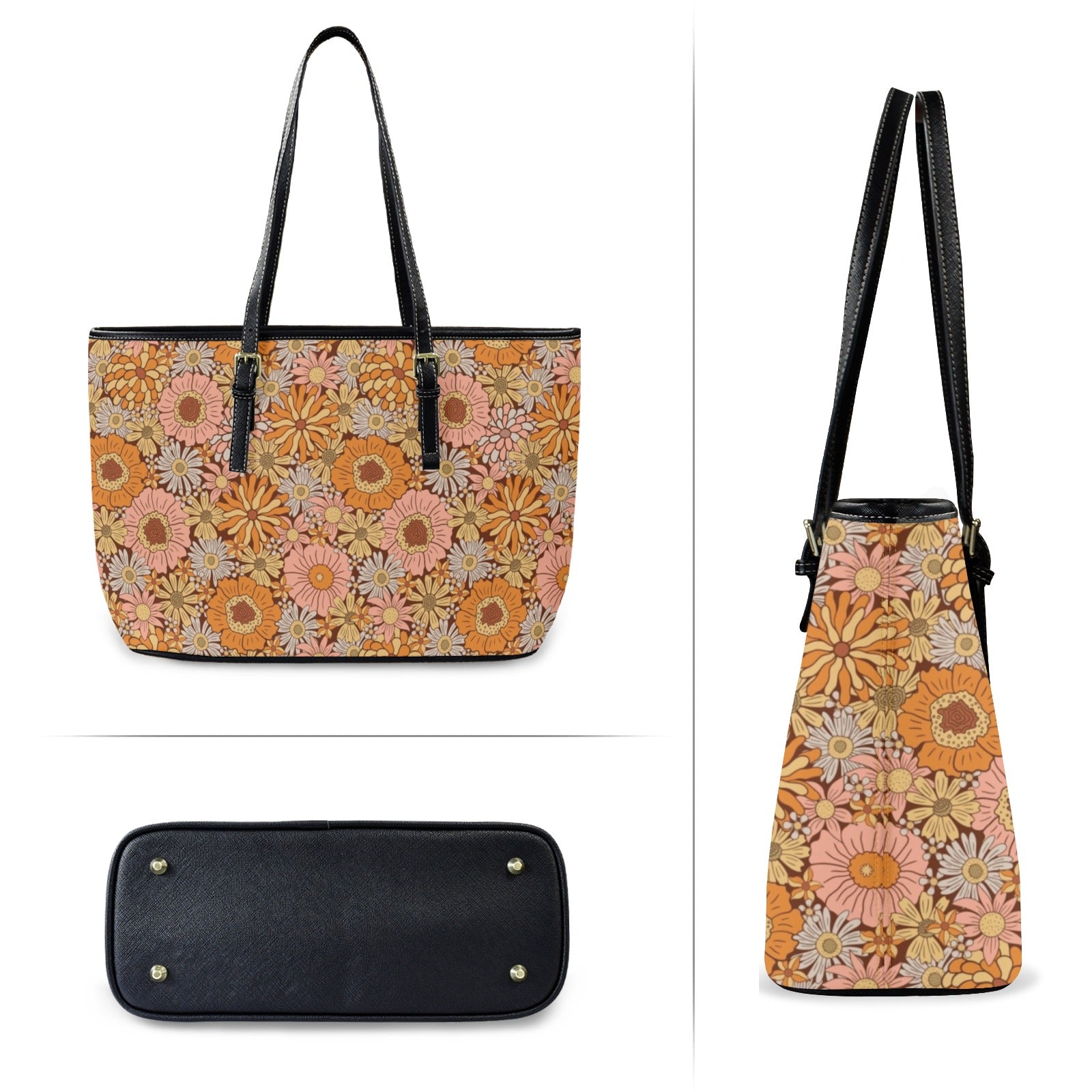 Orange Retro Floral PU Leather Tote Bag Large