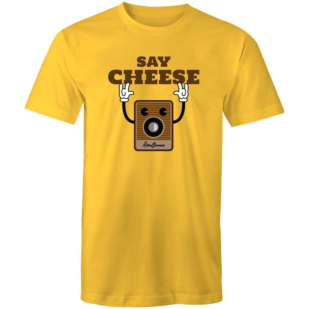 Say Cheese, Vintage Camera - Mens T-Shirt Yellow Mens T-shirt Printed In Australia Retro