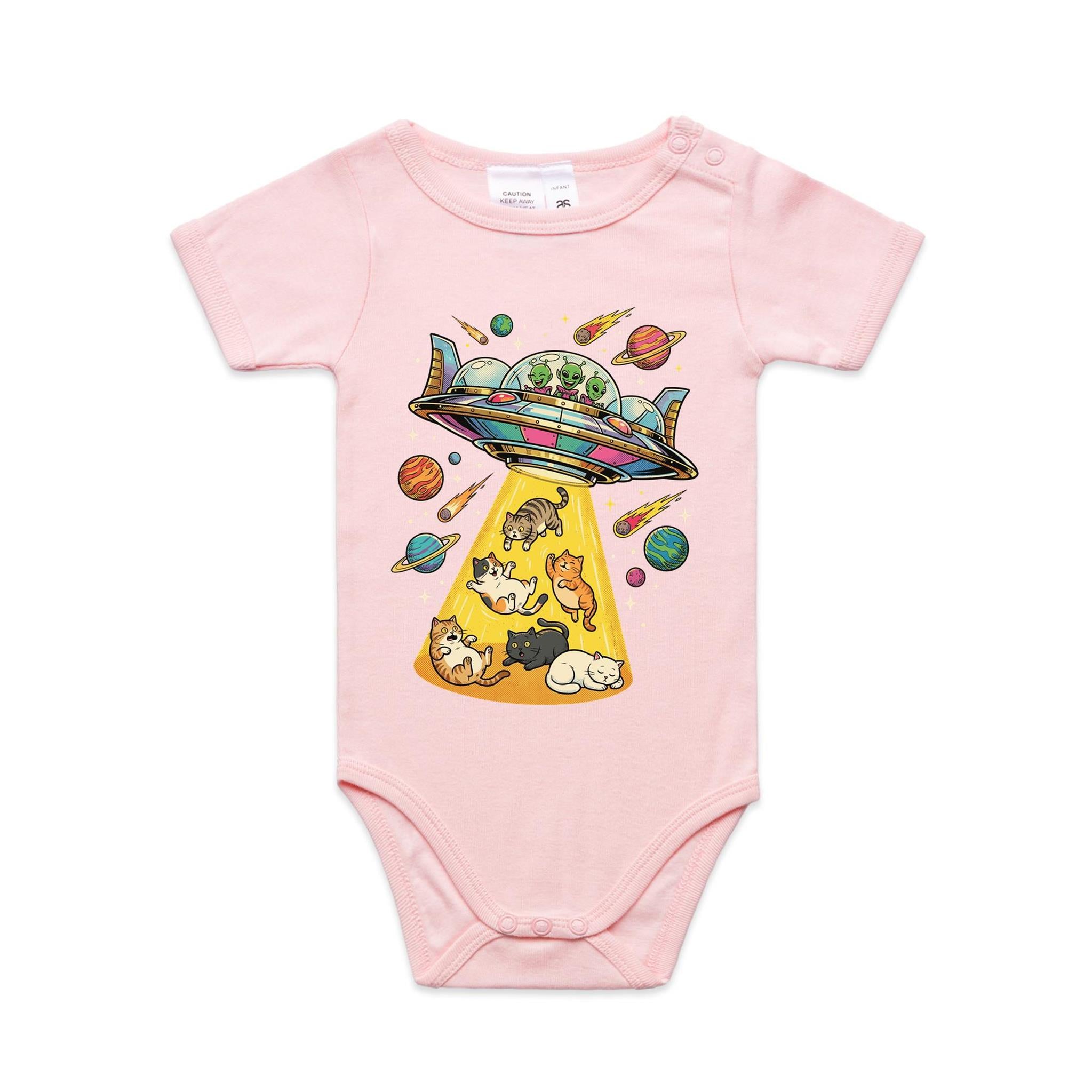 UFO Cat Abduction - AS Colour Baby Bodysuit Pink Baby Bodysuit animal Printed In Australia Sci Fi