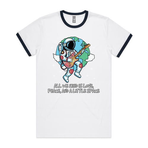 Astronaut, All We Need Is Love, Peace And A Little Space - Staple Ringer Tee White Navy Ringer T-Shirt Music Printed In Australia Space