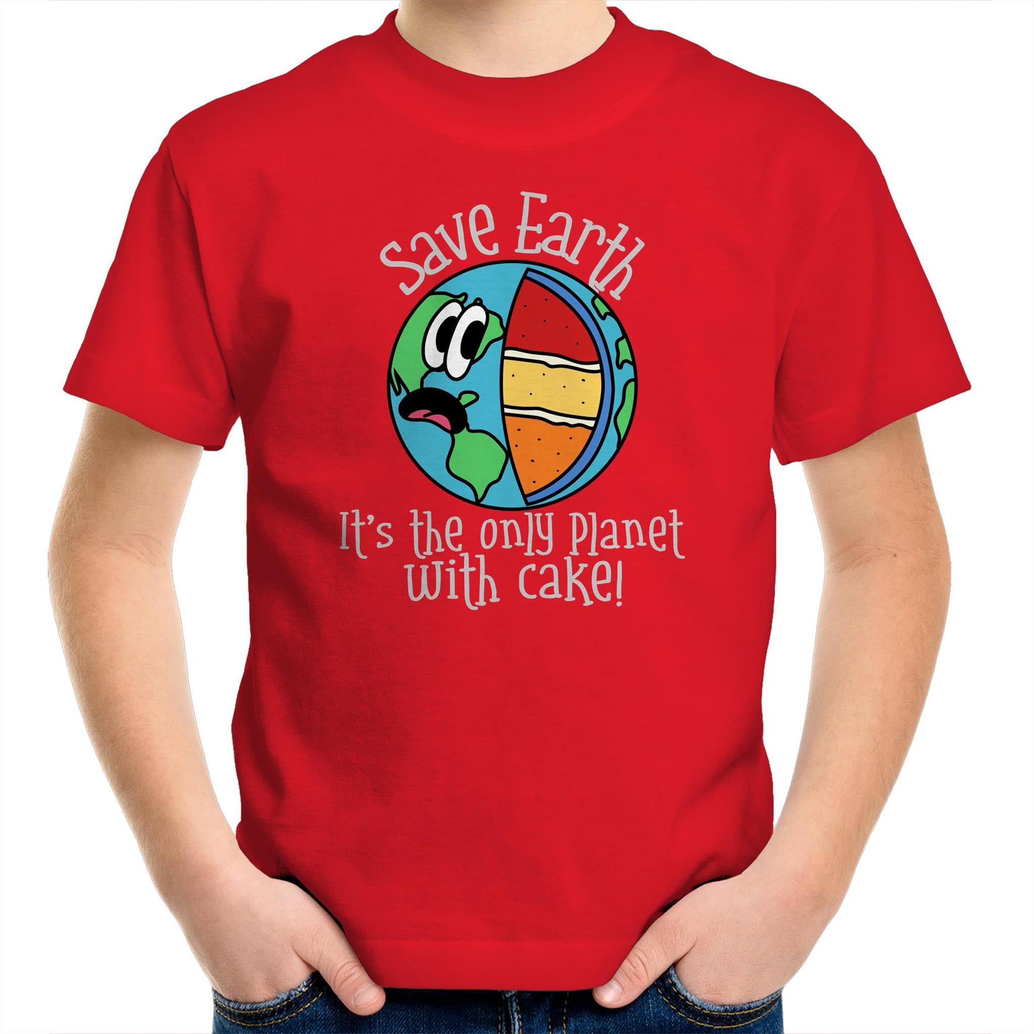 Save Earth, It's The Only Planet With Cake - Kids Youth T-Shirt Red Kids Youth T-shirt Environment Food Funny Printed In Australia